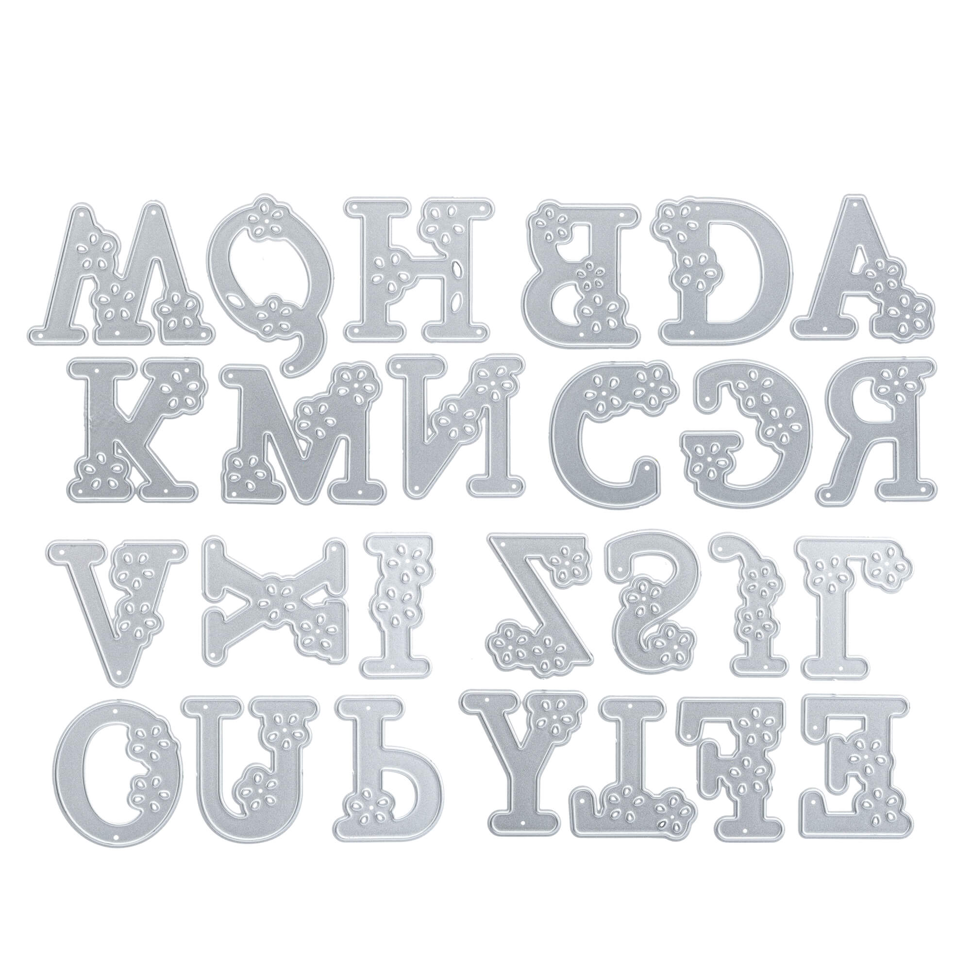 Die Stanzenshop.de Stanzschablone: Blumenalphabet verfügt über verschnörkelte Metall-Alphabetstempel mit dekorativen Blumenausschnitten, die in vier Reihen angeordnet sind - ideal für die Gestaltung personalisierter Botschaften.