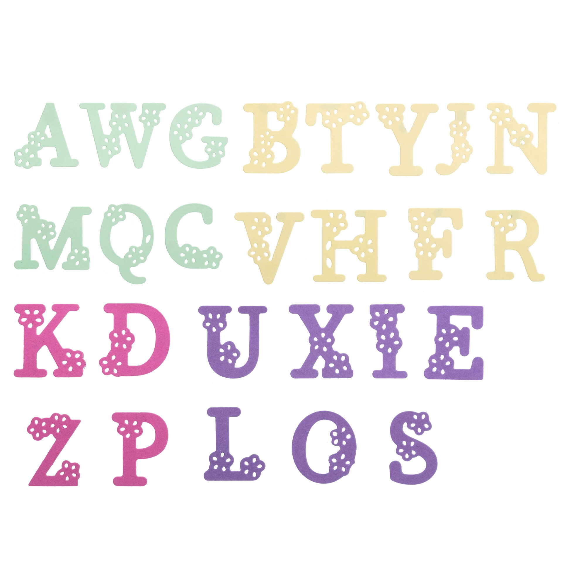 Stanzschablone: Blumenalphabet von Stanzenshop.de - dekorative Buchstaben in Pastellfarben, inspiriert vom Blumenalphabet, in vier Reihen auf Weiß angeordnet - ideal für personalisierte Botschaften.