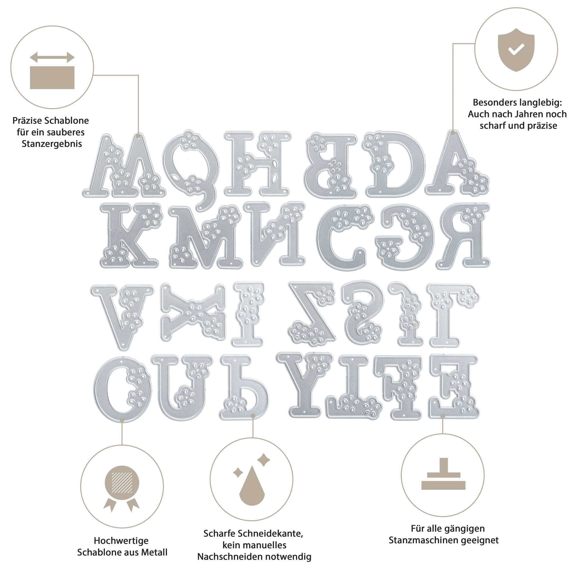 Silberne Metall Stanzschablone: Blumenalphabet von Stanzenshop.de, spiegelverkehrt dargestellt mit Icons für Haltbarkeit, saubere Schnitte und Stanzkompatibilität - perfekt für personalisierte Botschaften oder kreative Projekte.