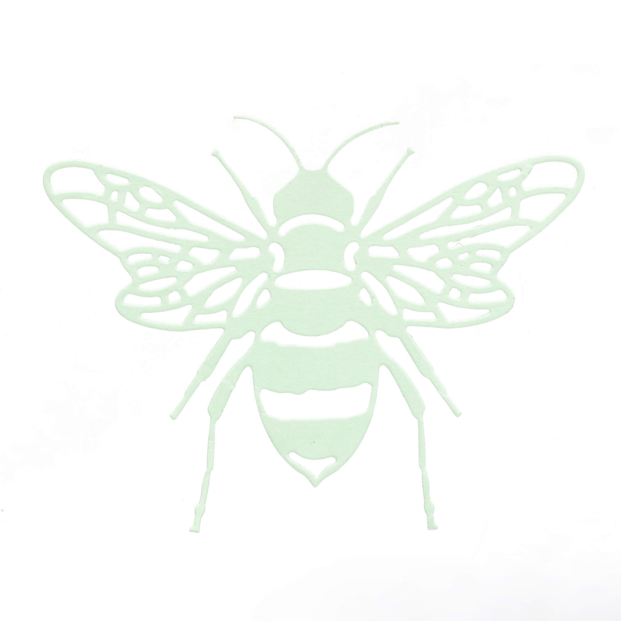 Eine hellgrüne Bienensilhouette mit detaillierten Flügeln steht mittig auf Weiß - ideal als "Stanzschablone: Biene" von Stanzenshop.de für Scrapbooking und Bastelarbeiten.