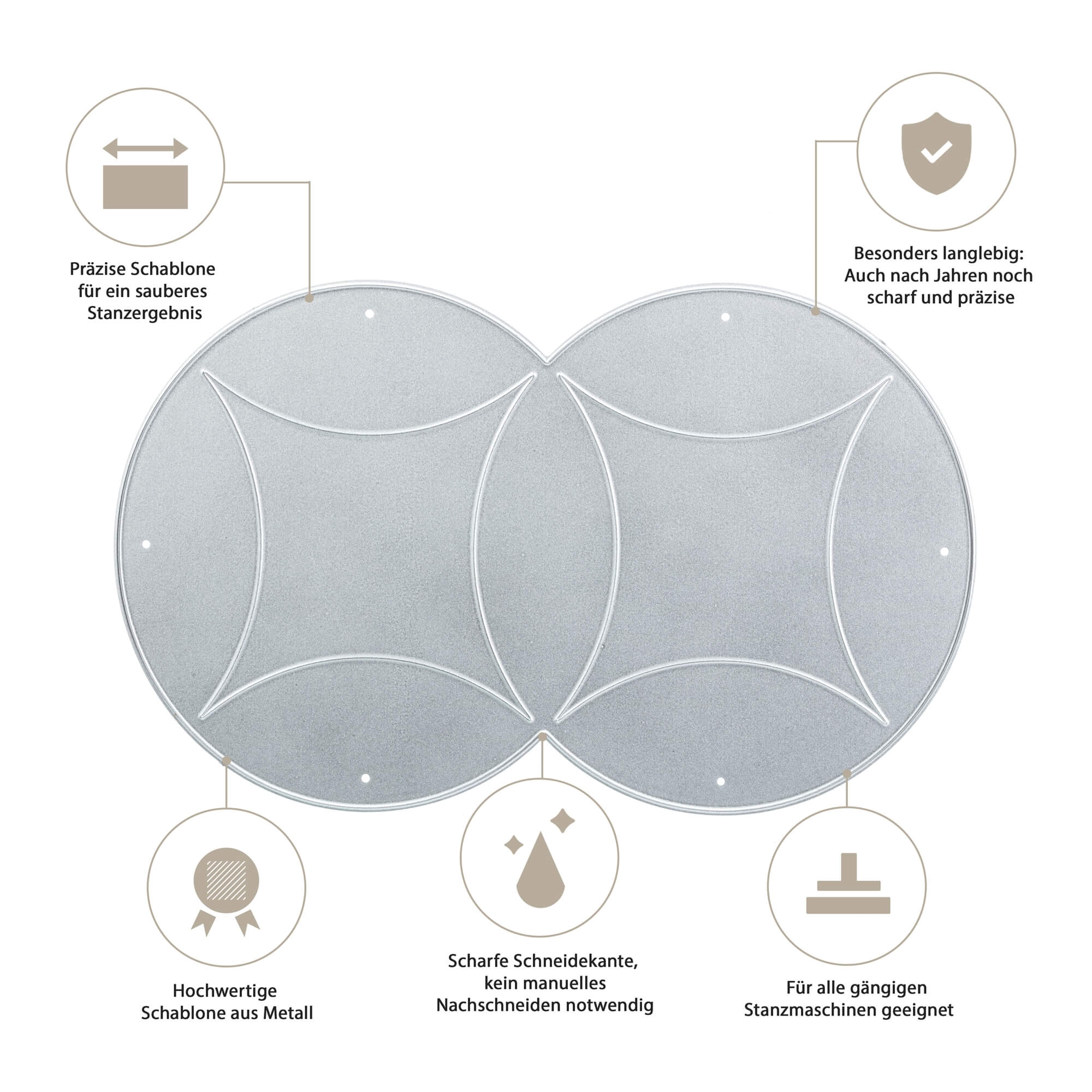 Die Stanzschablone: Kissenschachtel von Stanzenshop.de ist eine gestanzte Metallschablone mit sich kreuzenden Kreisen, ideal für Gastgeschenk oder Geschenkverpackung. Icons und deutscher Text unterstreichen das langlebige, scharfe, hochwertige Metalldesign.