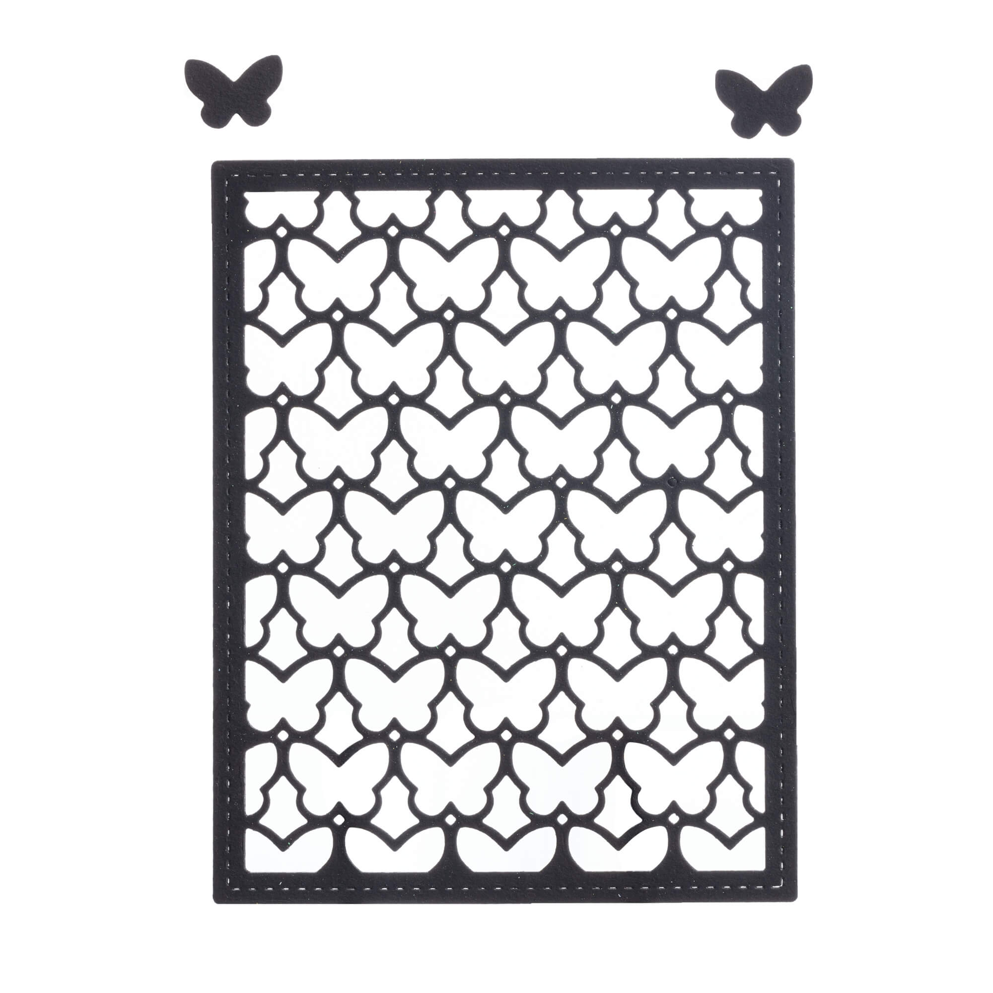 Eine rechteckige schwarze Schablone mit einem sich wiederholenden Schmetterlingsausschnittmuster, ideal für Bastelprojekte und Scrapbooking. Darüber sind zwei einzelne schwarze Schmetterlinge mit der Stanzenshop.de Stanzschablone gemacht: Kleine Schmetterlinge.