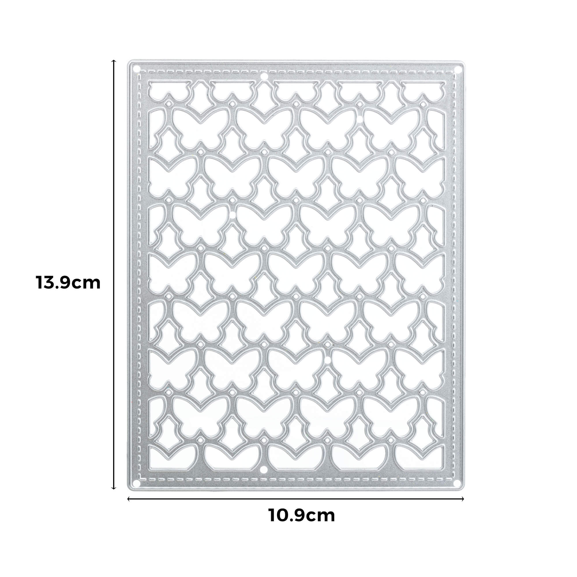 Die Stanzenshop.de Stanzschablone: Kleine Schmetterlinge ist eine rechteckige Metallstanze mit mehreren Schmetterlingsformen, ideal für Scrapbooking und Basteln. Sie misst 13,9 cm hoch und 10,9 cm breit.