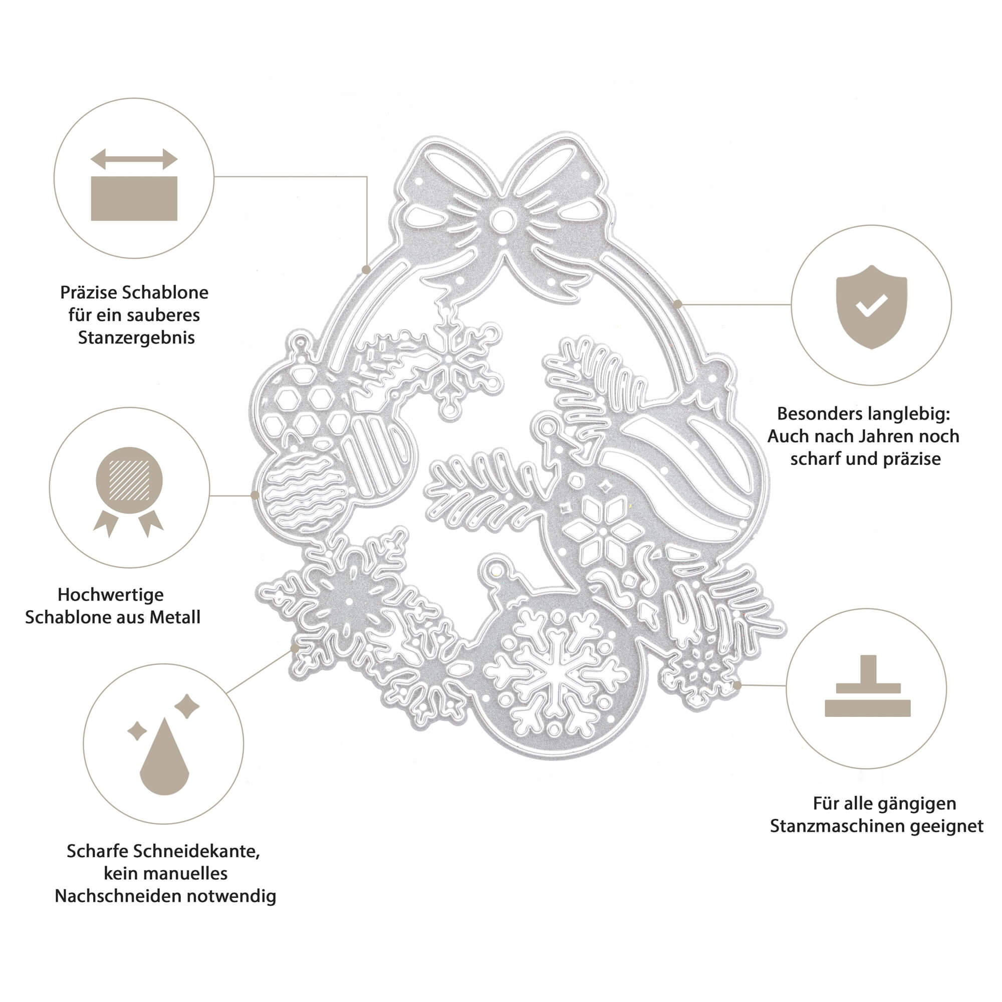 Die Stanzschablone "Weihnachtskugelkranz" von Stanzenshop.de besticht durch scharfe Kanten, langlebiges, hochwertiges Material und Kompatibilität - perfekt für Ihre deutsche Weihnachtsdeko.