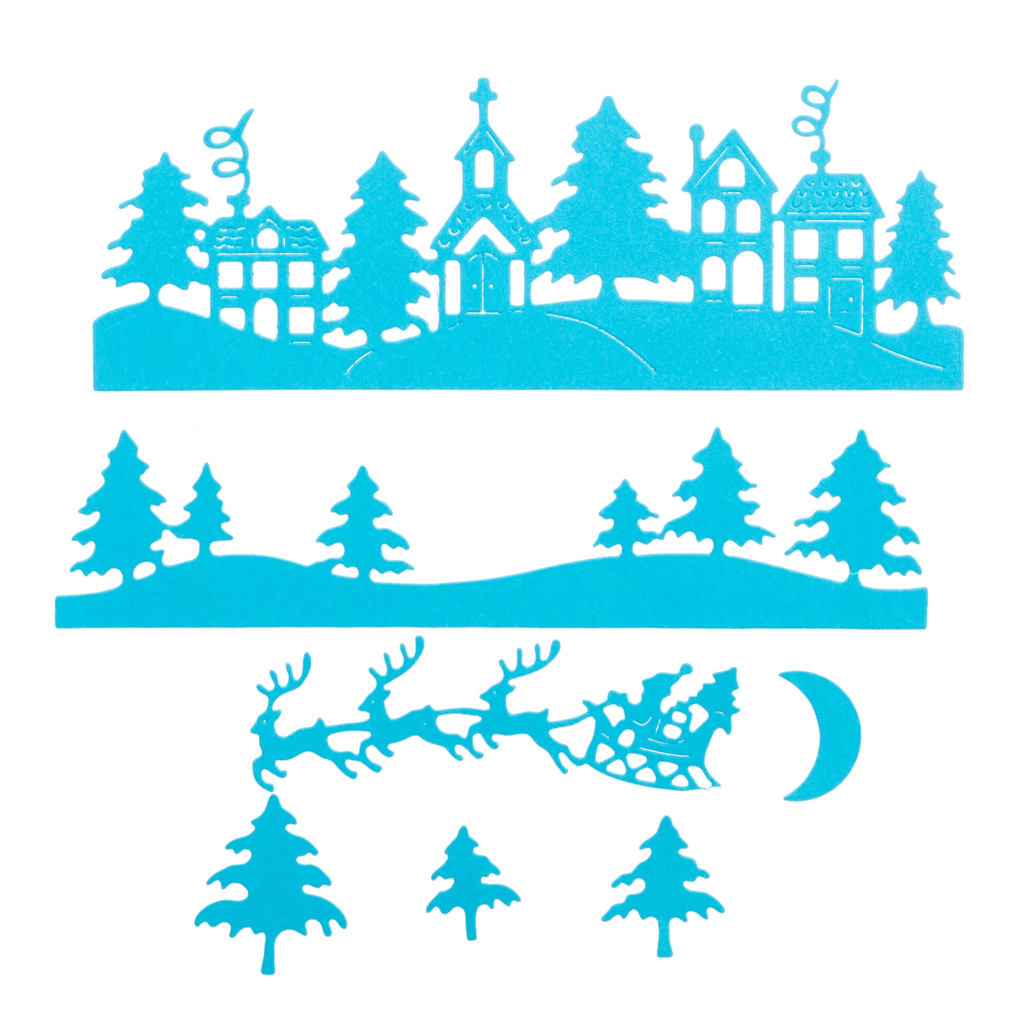 Blaue Silhouetten von Häusern, einer Kirche, Tannenbäumen, dem Schlitten des Weihnachtsmanns und einer Mondsichel versprühen winterlichen Charme, der an die Stanzschablone erinnert: Winterdorf mit Kirche von Stanzenshop.de, die in horizontalen Schichten auf weißem Hintergrund angeordnet ist.