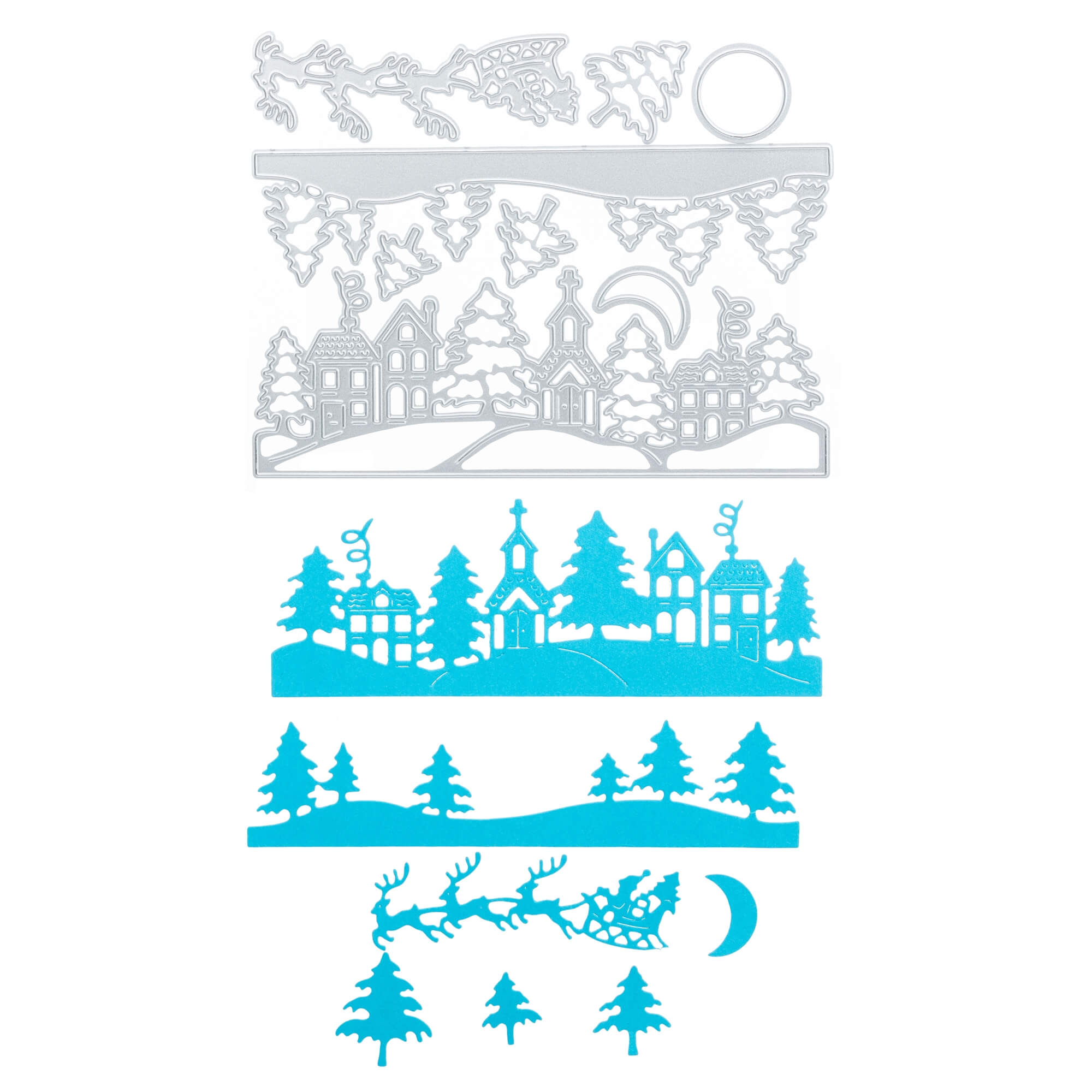 Metallstanzteile und blaue Papierausschnitte aus der Stanzschablone von Stanzenshop.de: Winterdorf mit Kirche zeigen Bäume, gemütliche Häuser, eine Kirche, den Weihnachtsmannschlitten mit Rentieren und den Mond - ideal für festliche Bastelprojekte.