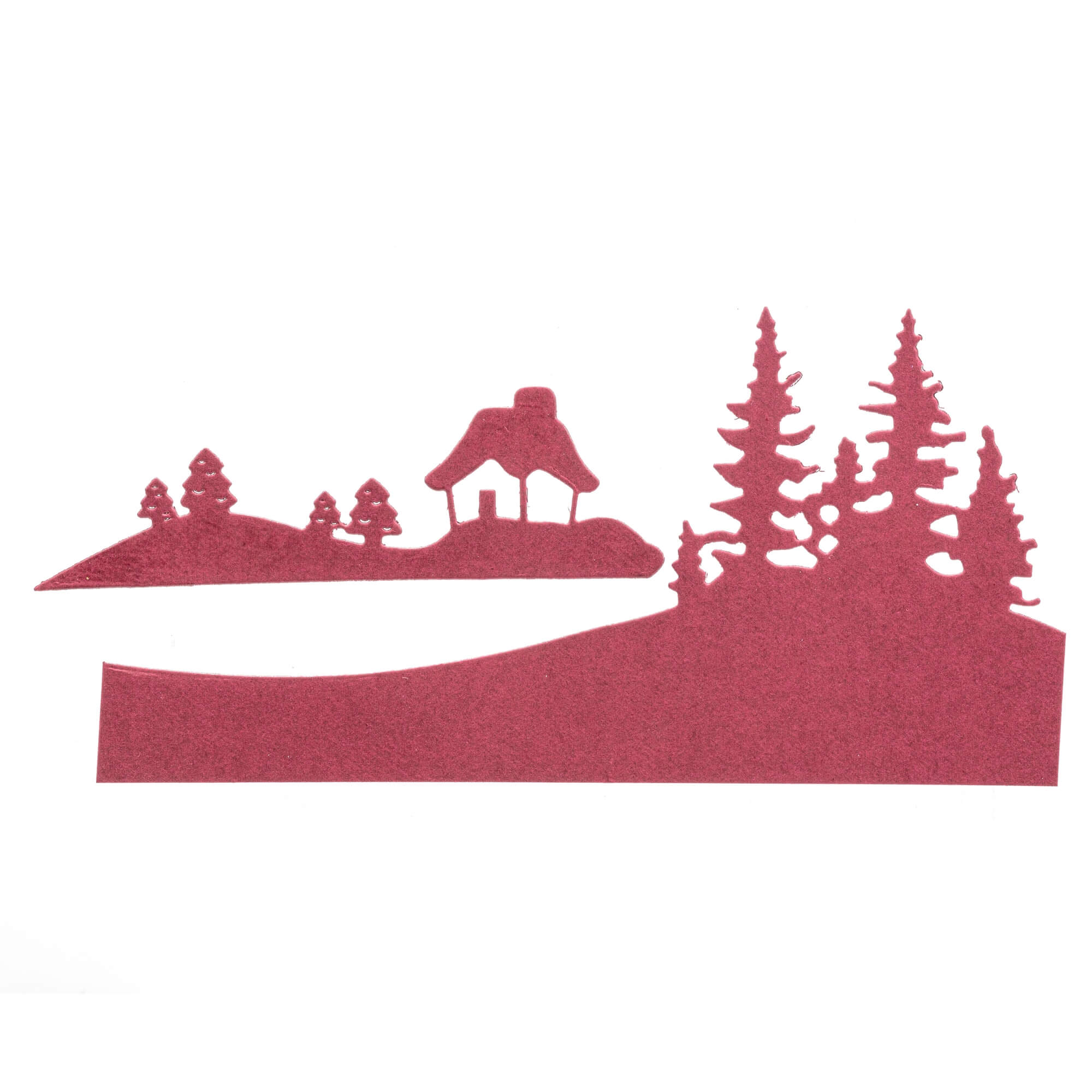 Roter Papierausschnitt eines kleinen Hauses auf einem Hügel mit Bäumen, hergestellt mit der Stanzschablone: Schneehaus von Stanzenshop.de-ideal für Bastelprojekte Winter oder Scrapbooking.