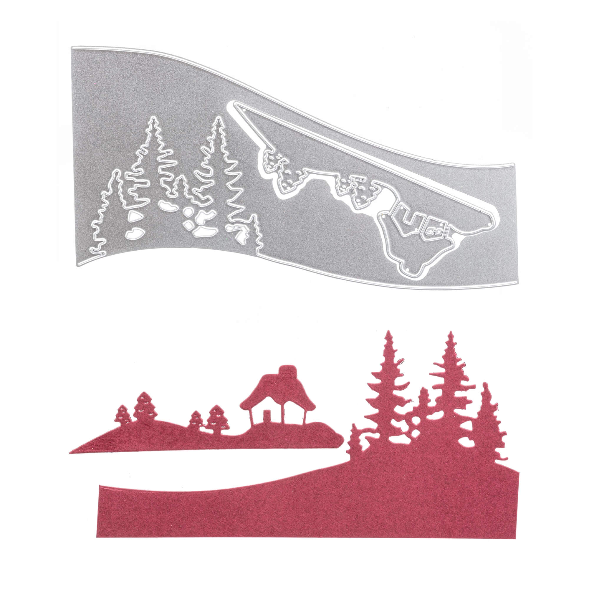 Das Stanzenshop.de "Stanzschablone: Schneehaus" enthält eine silberne Stanzschablone mit einer Hütte und Tannenbäumen sowie einen roten Papierausschnitt mit einer Hütte, Bäumen und einer schrägen Winterlandschaft - ideal für saisonale Scrapbooking-Projekte.