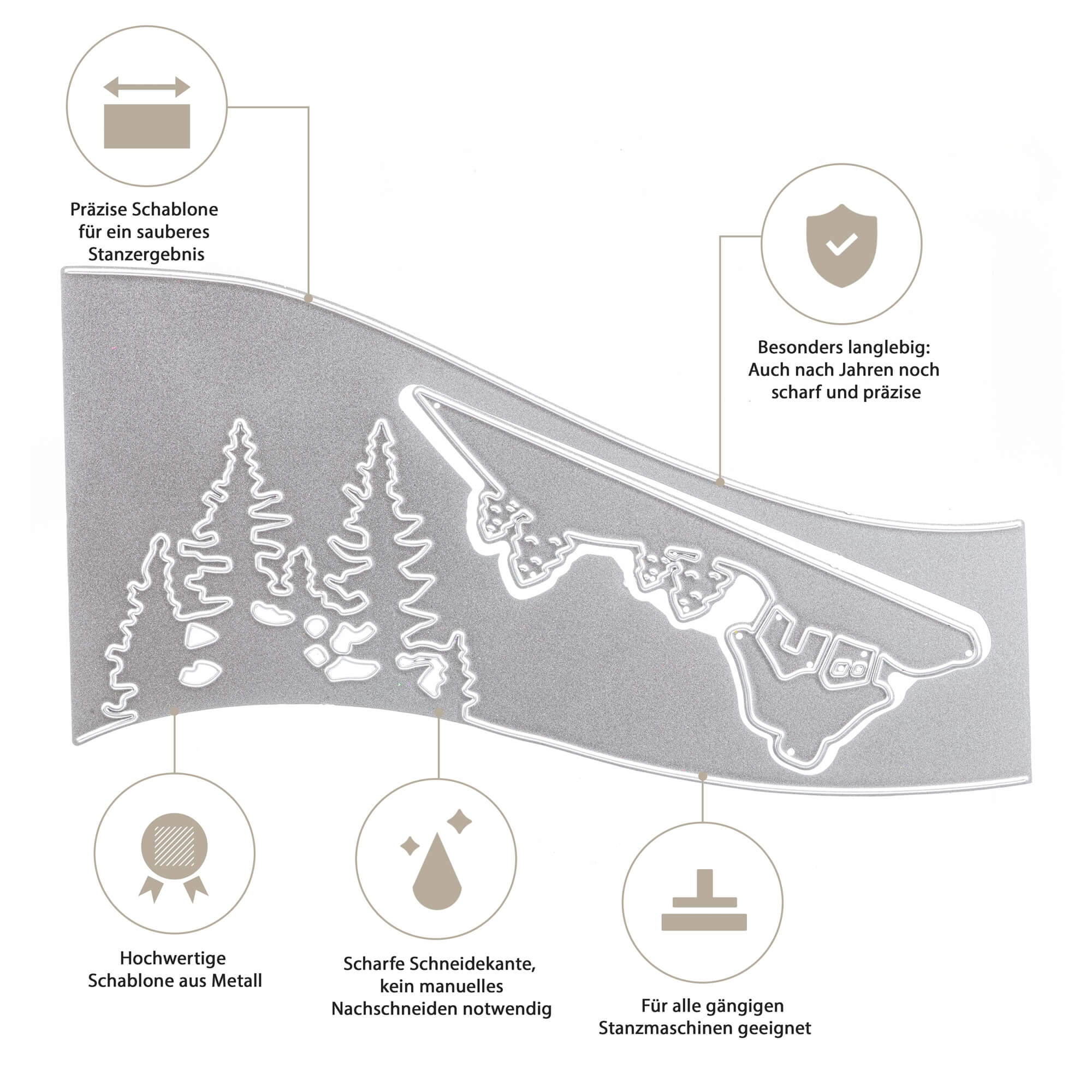 Die Stanzschablone: Schneehaus von Stanzenshop.de ist eine langlebige Stanzschablone aus Metall mit Wald- und Bergszene - ideal für Winter-Scrapbooking und Bastelprojekte, mit scharfen Kanten, Präzision und hochwertigem Material.