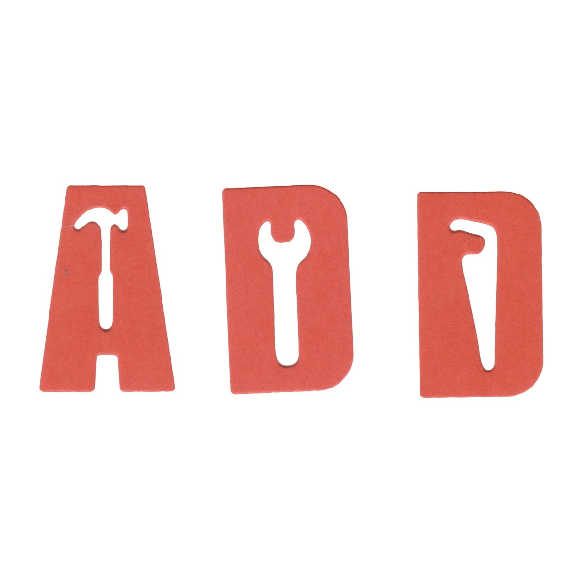 Die Stanzschablone Werkzeug-Buchstaben DAD von Stanzenshop.de zeigt rote Buchstaben mit Werkzeug-Silhouetten: Hammer im A, Schraubenschlüssel im ersten D und Rohrschlüssel im zweiten D - ideal für Heimwerker und DIY-Projekte.