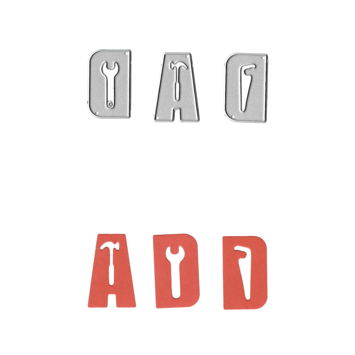 Die Stanzschablone Werkzeug-Buchstaben DAD von Stanzenshop.de enthält Buchstaben aus Metall und rotem Kunststoff, um "DAD" oder "ADD" zu buchstabieren, jeweils mit werkzeugförmigen Aussparungen - ideal für Heimwerkerprojekte oder kreative Basteleien.