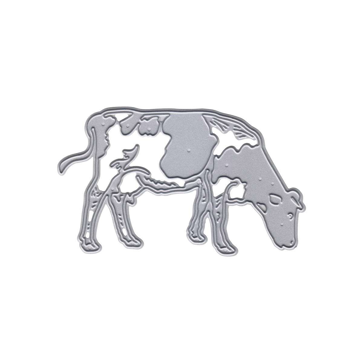 Die Stanzschablone Kuh auf der Weide von Stanzenshop.de zeigt eine metallische Umriss-Kuh mit Flecken im Weidegang und verleiht jedem Projekt ländliches Flair und klassische Bauernhof-Motive auf weißem Hintergrund.
