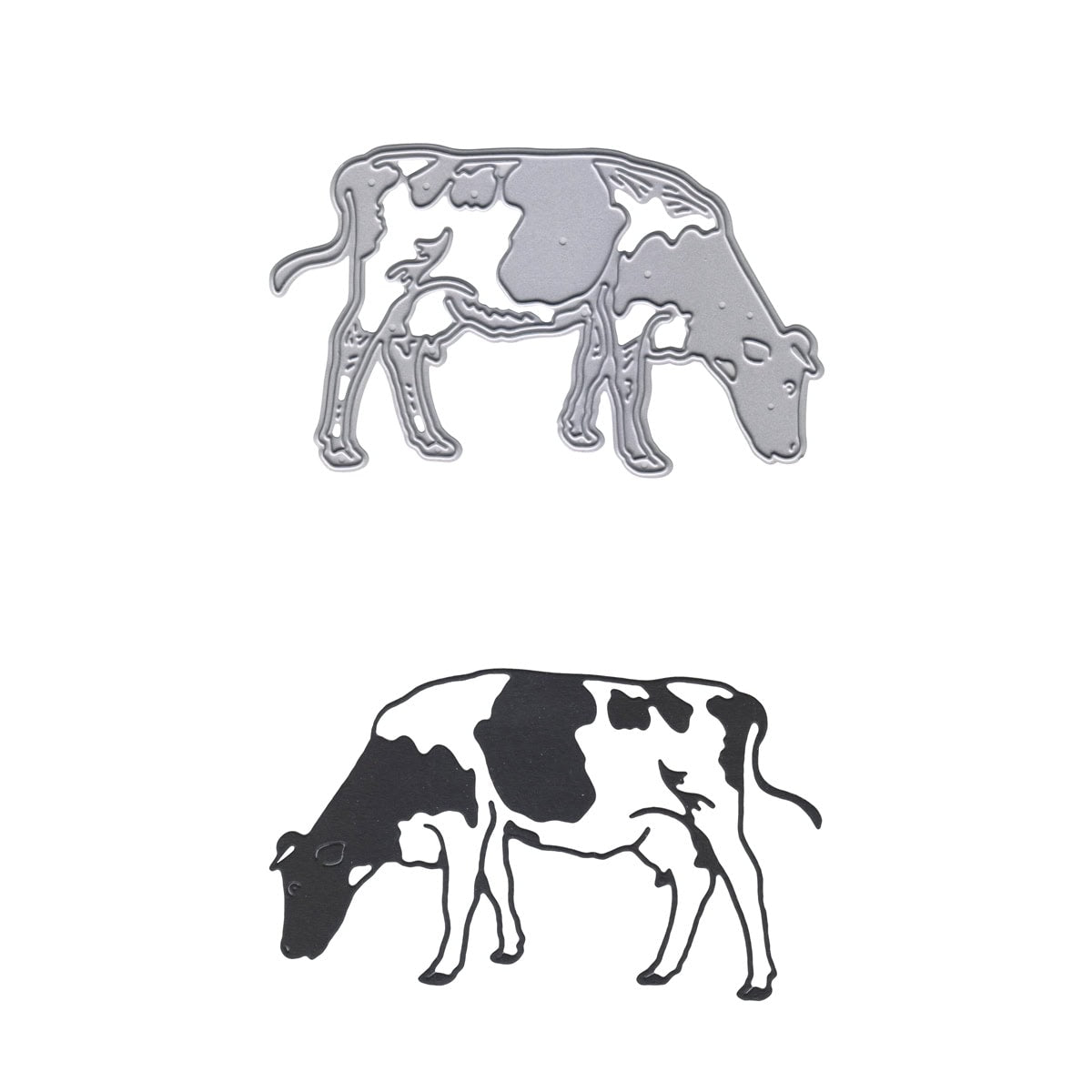 Oben: Die Metallic-Stanzschablone Kuh auf der Weide von Stanzenshop.de zeigt eine Kuh auf der Weide; unten: Schwarzer und weißer Scherenschnitt, beides mit rustikalem Charme.