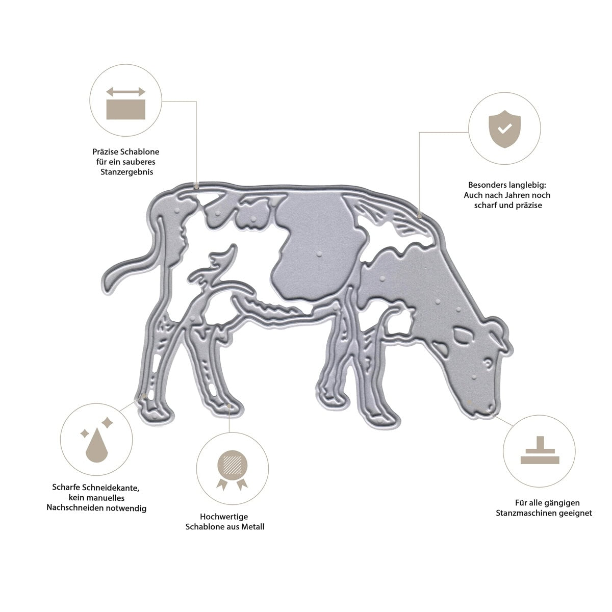 Die Stanzschablone Kuh auf der Weide" von Stanzenshop.de ist eine langlebige, präzise Metallstanze in Form einer grasenden Kuh - ideal für Bauernhof-Motive Stanze. Deutsche Texte und Icons unterstreichen ihre Schärfe und Maschinentauglichkeit.