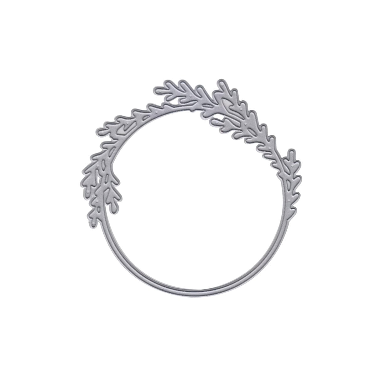 Die Stanzschablone Kranz mit Zweigen von Stanzenshop.de - ein silberner Metallkreis mit filigranen Blätterzweigen, ideal für Stanzen und Bastelprojekte.
