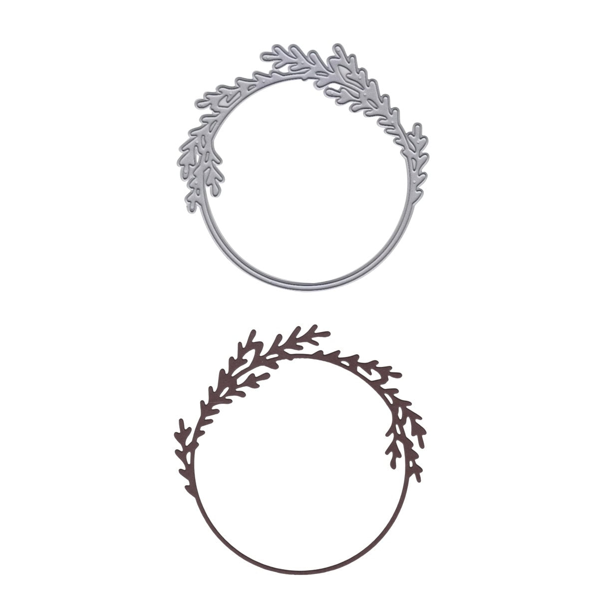 Die Stanzschablone Kranz mit Zweigen von Stanzenshop.de umfasst zwei runde Rahmen mit blattartigen Zweigmotiven oben links - einer in Silber, einer in tiefem Dunkelbraun - ideal als filigraner Kranz für Bastelprojekte.