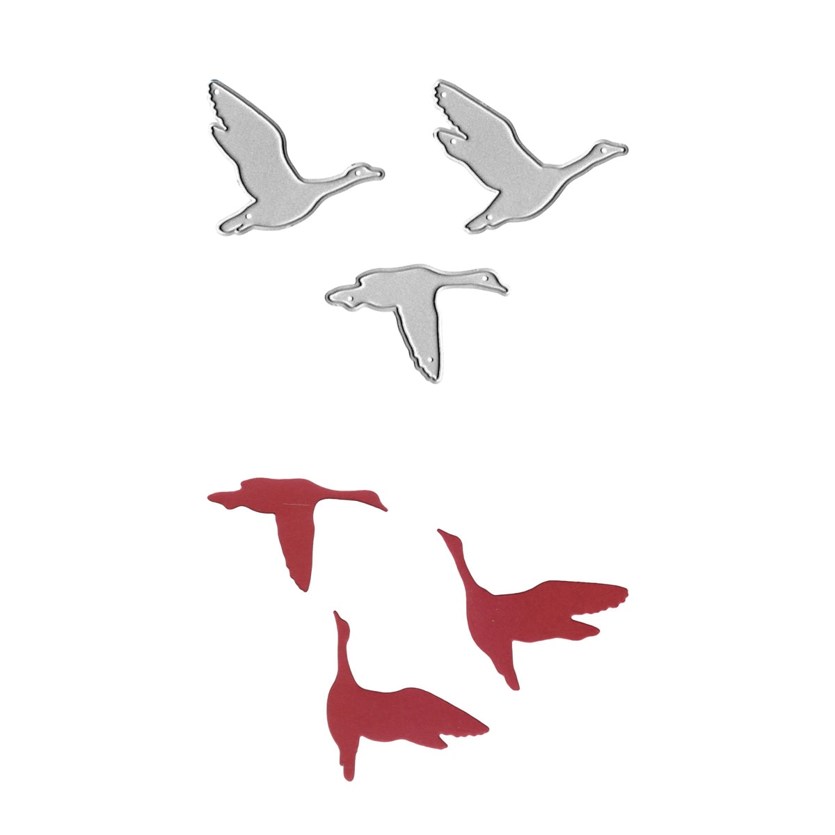 Die "Stanzschablone fliegende Wildgänse im Set" von Stanzenshop.de besteht aus drei silbernen Metallstempeln und drei roten Papierausschnitten, die sich perfekt für herbstliche Bastelarbeiten oder saisonale Karten eignen - ideal, um charmante Wildgänse zu gestalten.