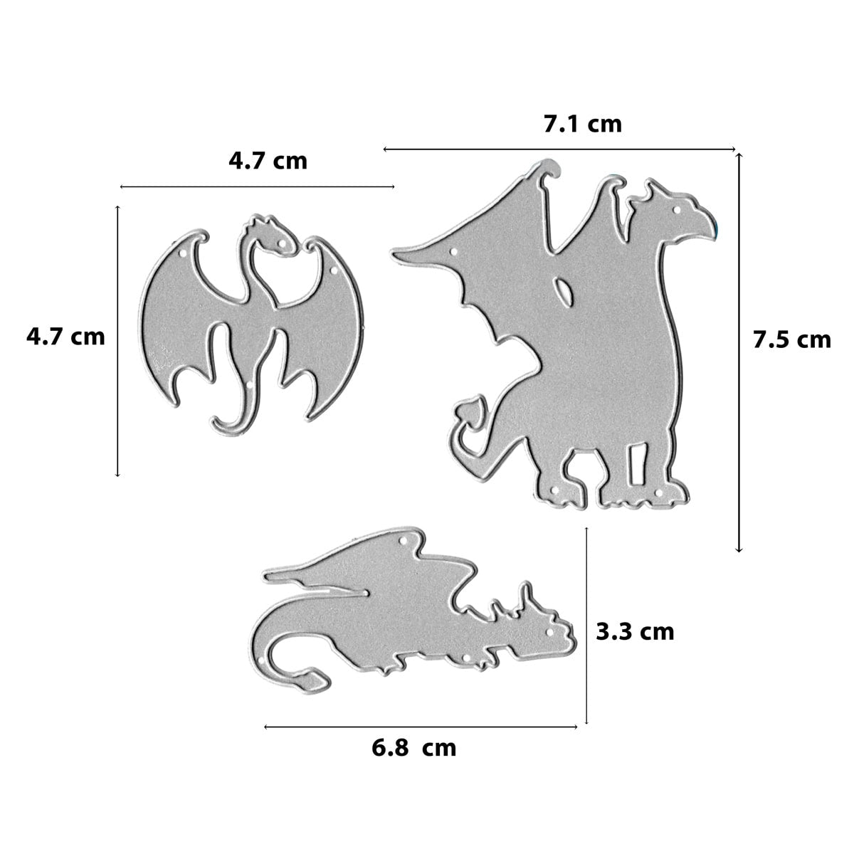 Das Stanzschablone Fantasy Drachen Set von Stanzenshop.de enthält drei silberne Drachen-Metallstanzteile in verschiedenen Größen mit Maßetiketten, perfekt für Fantasy-Dekoration und einzigartige Drachenmotive in Ihren Bastelprojekten.