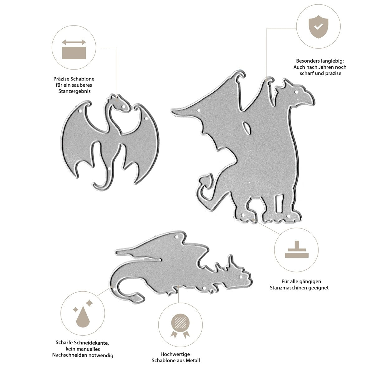 Das Stanzschablone Fantasy Drachen Set von Stanzenshop.de zeigt drei silberne Metalldrachen in verschiedenen Posen - ideal für Fantasy-Dekoration, präzise und kompatibel mit vielen Schneidemaschinen.