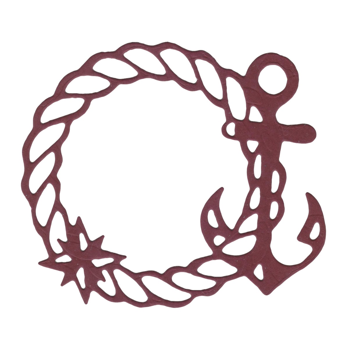 Die Stanzschablone Anker im maritimen Seilrahmen von Stanzenshop.de zeigt einen kastanienbraunen Anker mit Seil in einem kreisrunden Rahmen und Sternendetail - ideal für maritime Bastelprojekte oder um maritimes Flair in Ihre Sommerkarten zu bringen.