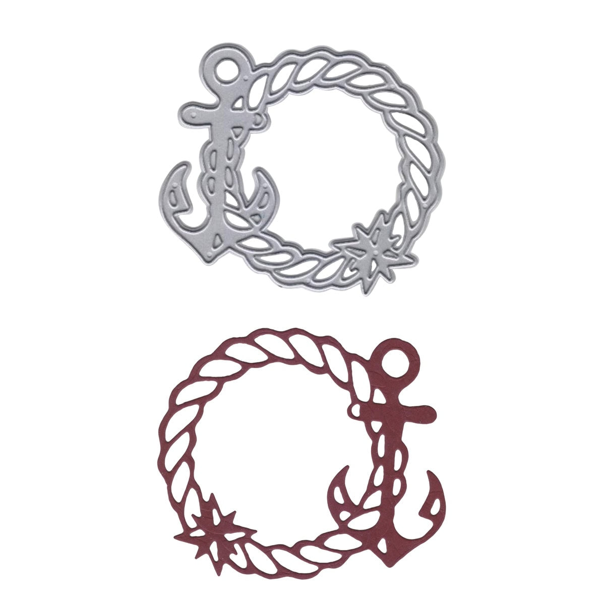 Die "Stanzschablone Anker im maritimen Seilrahmen" von Stanzenshop.de, ideal für maritime Bastelprojekte oder Sommerkarten, zeigt ankerförmige Ausschnitte mit Seil- und Sternenmotiven, die nebeneinander auf weißem Hintergrund abgebildet sind.