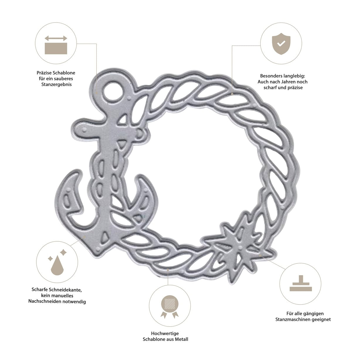 Die "Stanzschablone Anker im maritimen Seilrahmen" von Stanzenshop.de ist eine hochwertige Metallschablone mit Anker und Seilbordüre - ideal für maritime Bastelideen oder Sommerkarten. Icons und deutscher Text heben Qualität und Eigenschaften hervor.