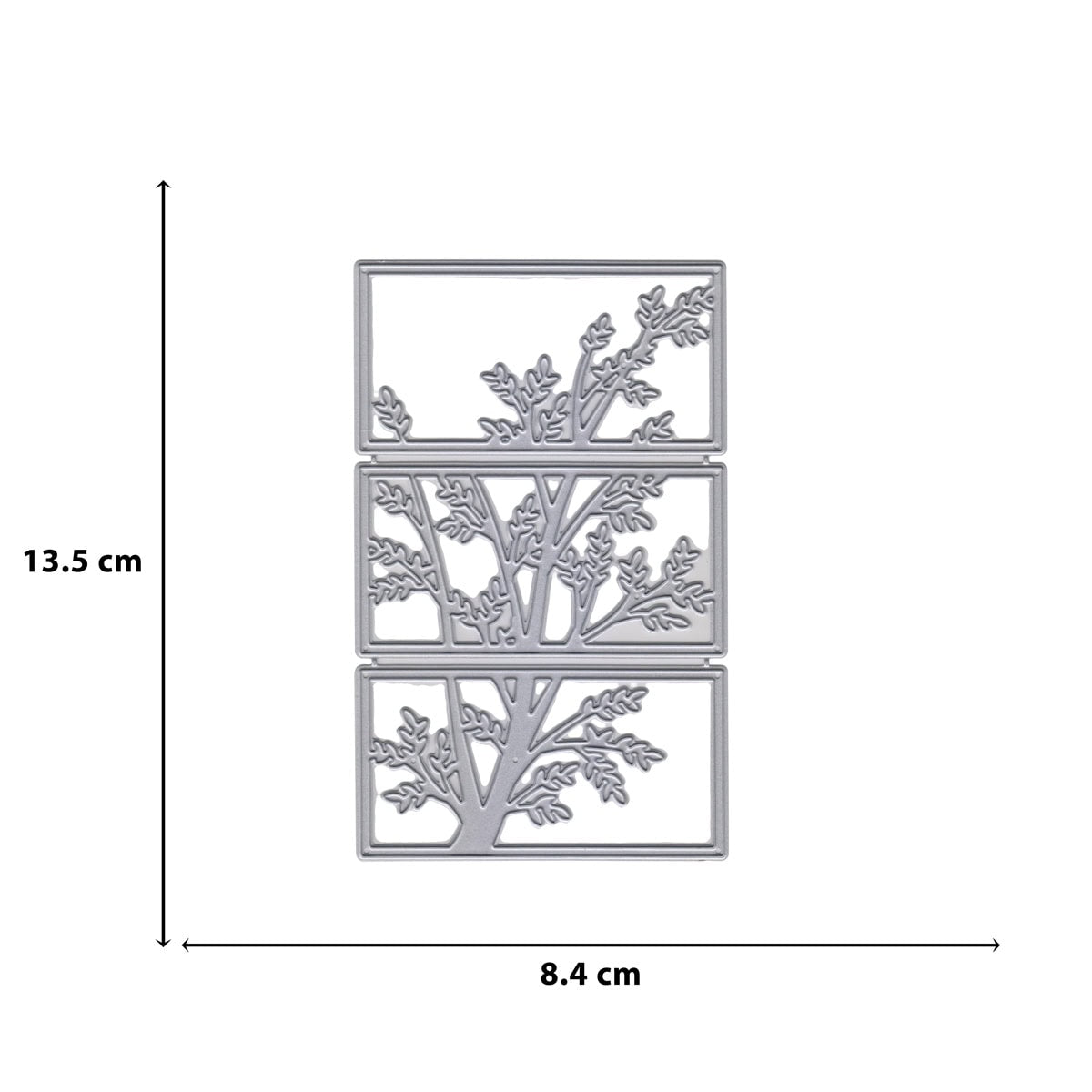 Die "Stanzschablone Fenster mit Baumzweigen" von Stanzenshop.de bietet ein detailliertes Baumzweig-Design in drei Abschnitten, ideal für Kartenbasteln. Maße: 13,5 cm hoch x 8,4 cm breit.