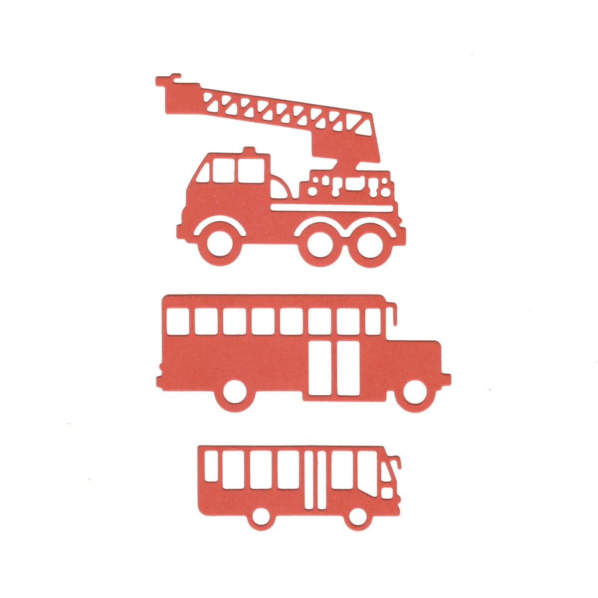 Drei rote Silhouetten - Feuerwehrauto, Schulbus und Stadtbus - hergestellt mit der "Stanzschablone große Fahrzeuge: Bus, Schulbus, Feuerwehr" von Stanzenshop.de. Ideal für Fahrzeuge Bastelprojekt oder Karten Einladungen zum Kindergeburtstag.