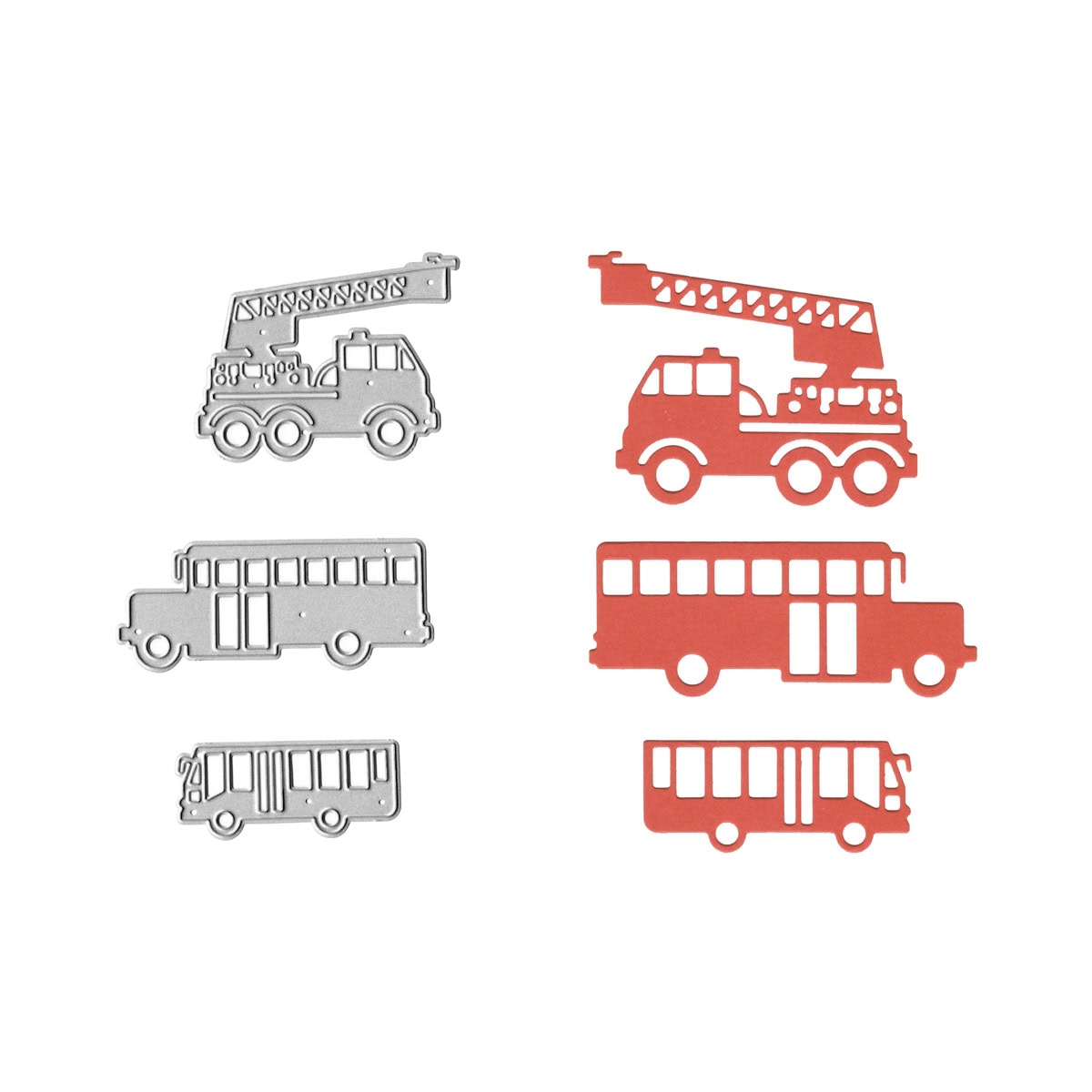 Die Stanzschablone große Fahrzeuge von Stanzenshop.de enthält Bus, Schulbus und Feuerwehr - ideal für Bastelprojekte, Karten oder Einladungen zum Kindergeburtstag! Metall-Schablonen mit passenden roten Papier-Ausschnitten.