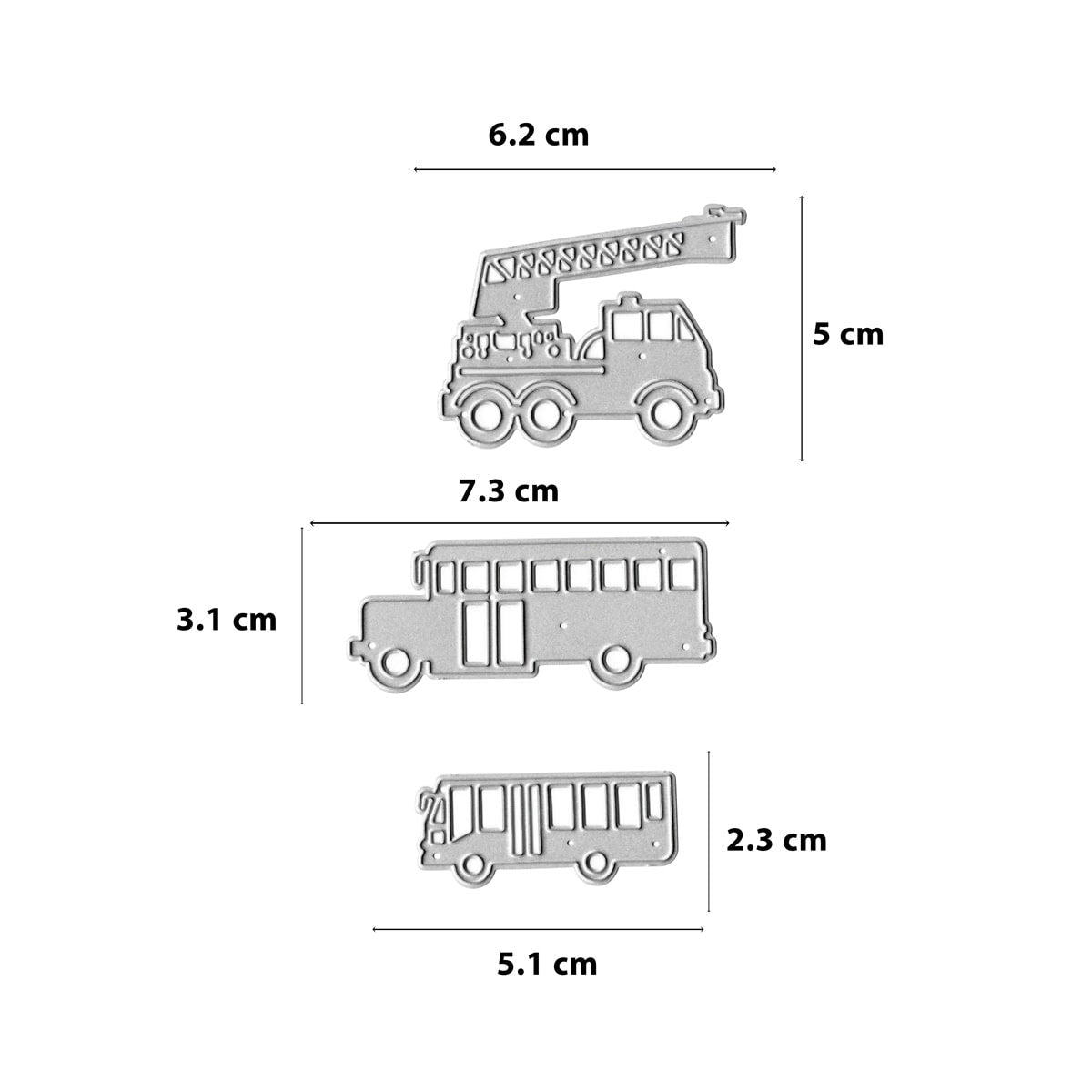 Drei silberne Stanzteile - Bus, Schulbus und Feuerwehrauto - aus der "Stanzschablone große Fahrzeuge" von Stanzenshop.de, jeweils beschriftet mit cm-Maßen; ideal für Bastelprojekt Fahrzeuge oder Kindergeburtstag Karten-Einladungen.