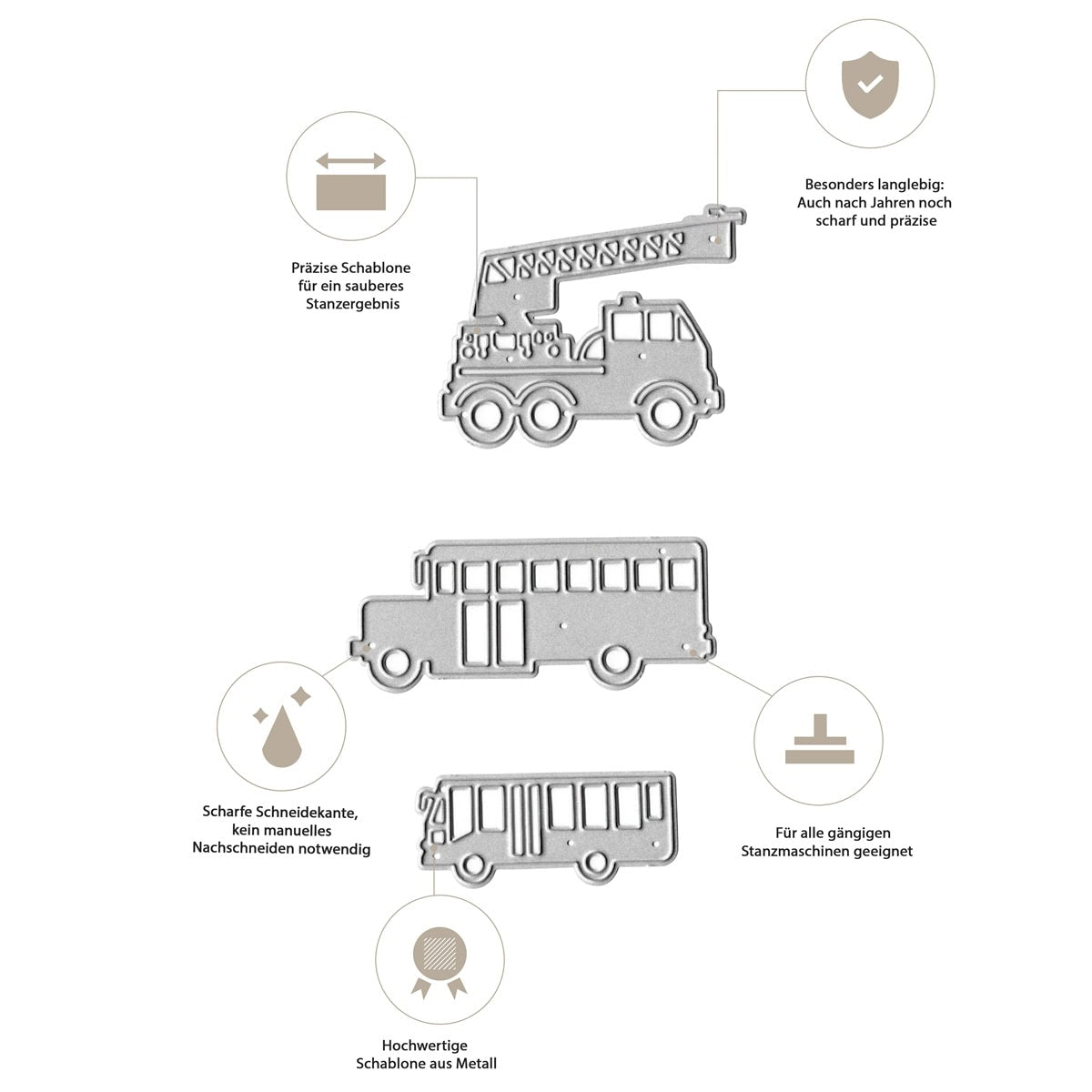 Die Stanzschablone große Fahrzeuge: Bus, Schulbus, Feuerwehr von Stanzenshop.de schneidet präzise und langlebig - perfekt für Karten, Einladungen oder Kindergeburtstage im Bastelprojekt Fahrzeuge.