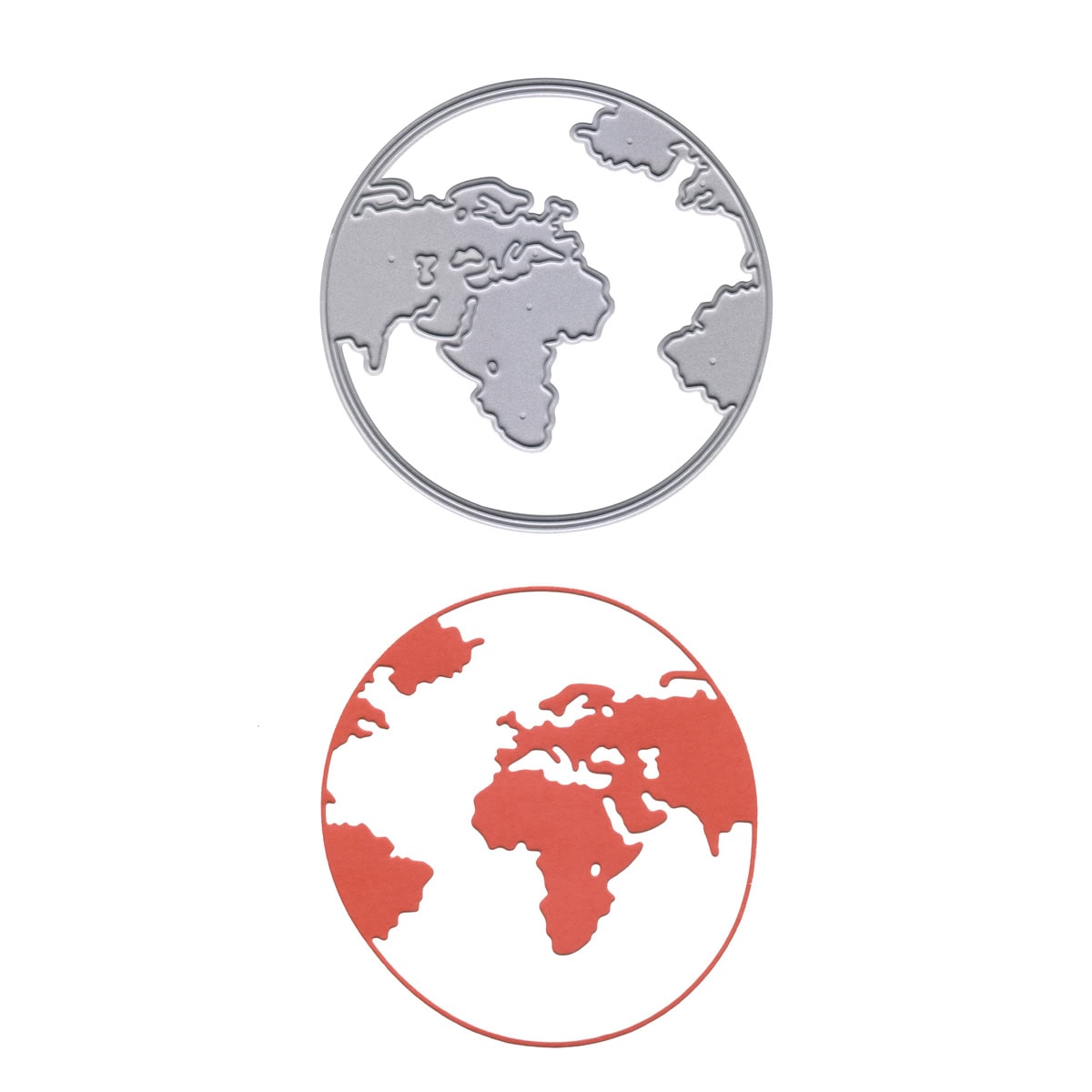 Die Stanzschablone Weltkarte im Kreis von Stanzenshop.de zeigt zwei stilisierte Weltkarten - eine grau, eine rot - mit Afrika, Europa und Teilen Asiens im Kreis, ideal für die Planung Ihres nächsten Reiseprojekts.