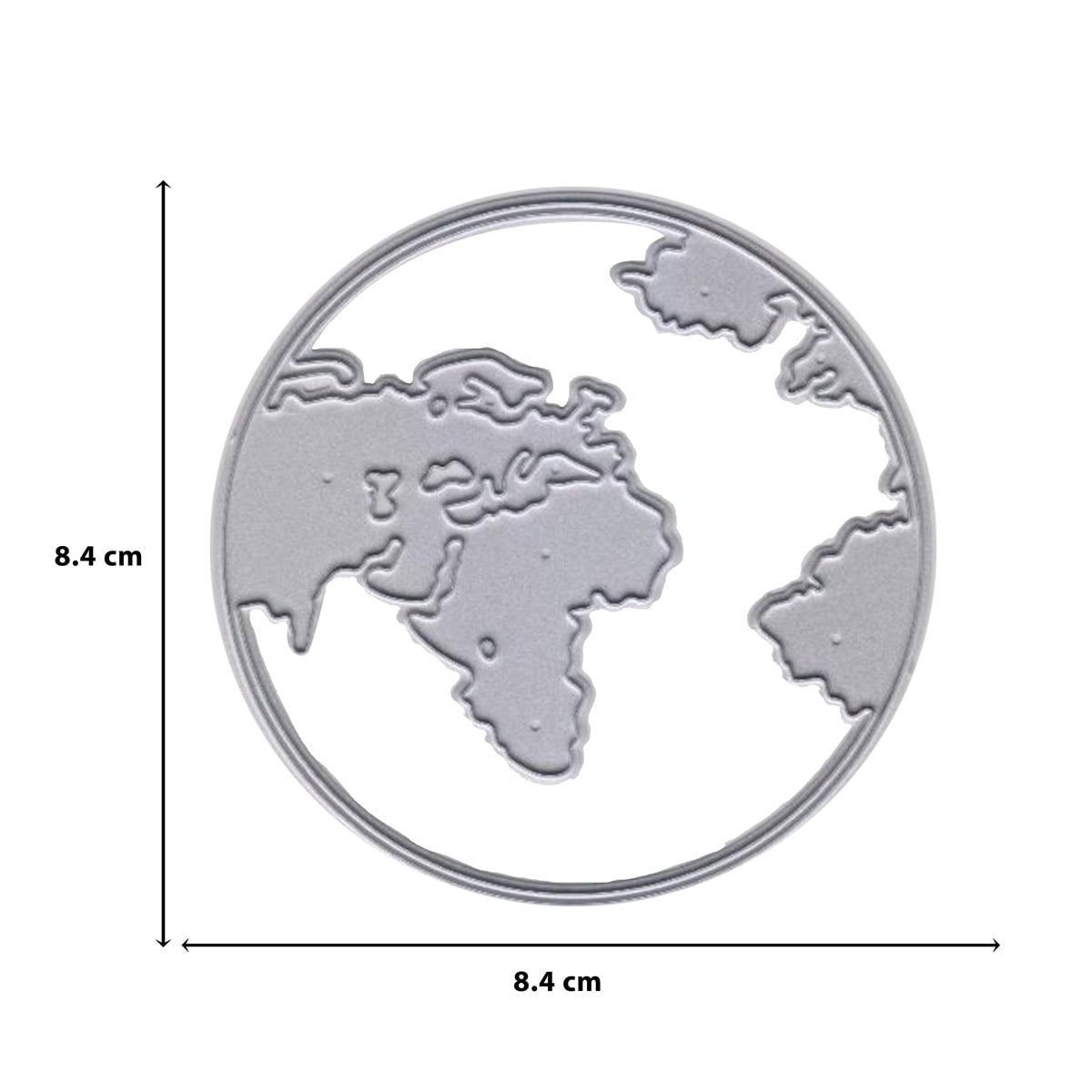 Die Stanzschablone Weltkarte im Kreis von Stanzenshop.de zeigt eine silberne Weltkarte in einem 8,4 x 8,4 cm Kreis - ideal für Reiseprojekte und als Inspiration für jeden Weltentdecker.