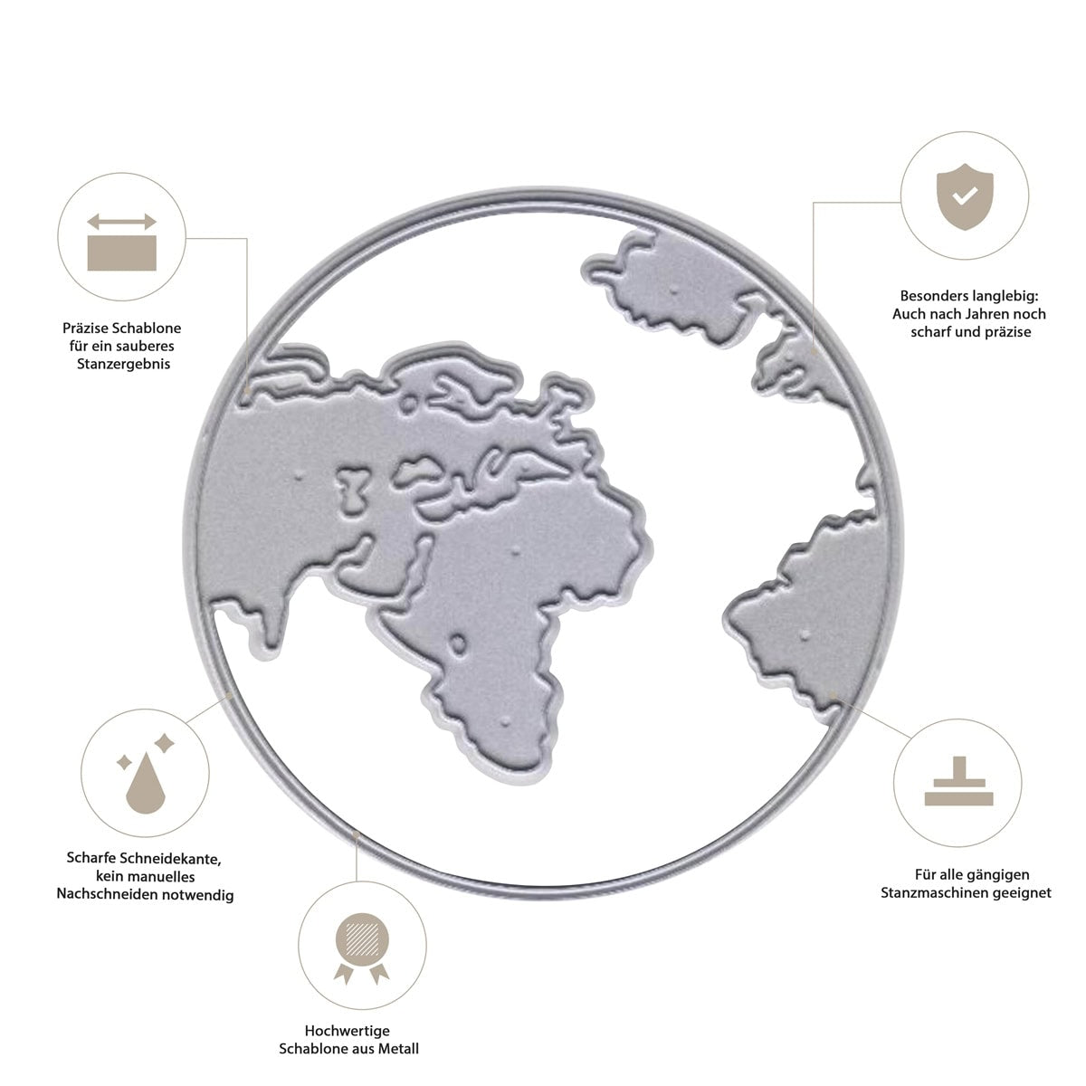 Die Stanzschablone Weltkarte im Kreis von Stanzenshop.de ist eine präzise, scharfe und langlebige Metallschablone - perfekt für Reiseprojekte und kompatibel mit verschiedenen Stanzmaschinen. Deutsche Icons unterstreichen ihre Qualität.