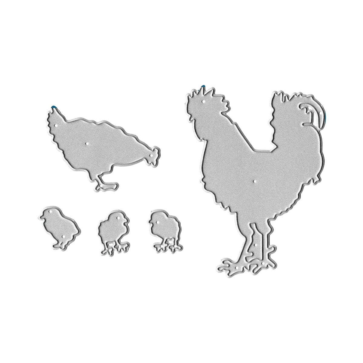 Die Stanzschablone Hühnerfamilie von Stanzenshop.de enthält vier Metallic-Stanzteile - Hahn, Henne und zwei Küken - ideal für DIY-Ideen oder Bauernhof-Motive beim Basteln. Dargestellt auf einem sauberen weißen Hintergrund.
