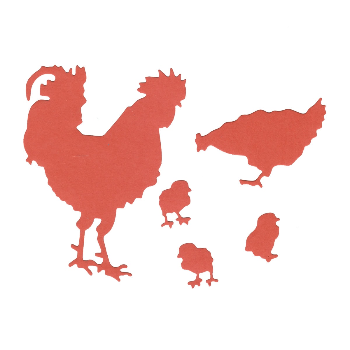 Roter Hahn, Henne und drei Küken als Scherenschnitt auf weißer Stanzschablone Hühnerfamilie von Stanzenshop.de für kreative DIY-Ideen oder charmante Bauernhof-Motive zum Basteln.