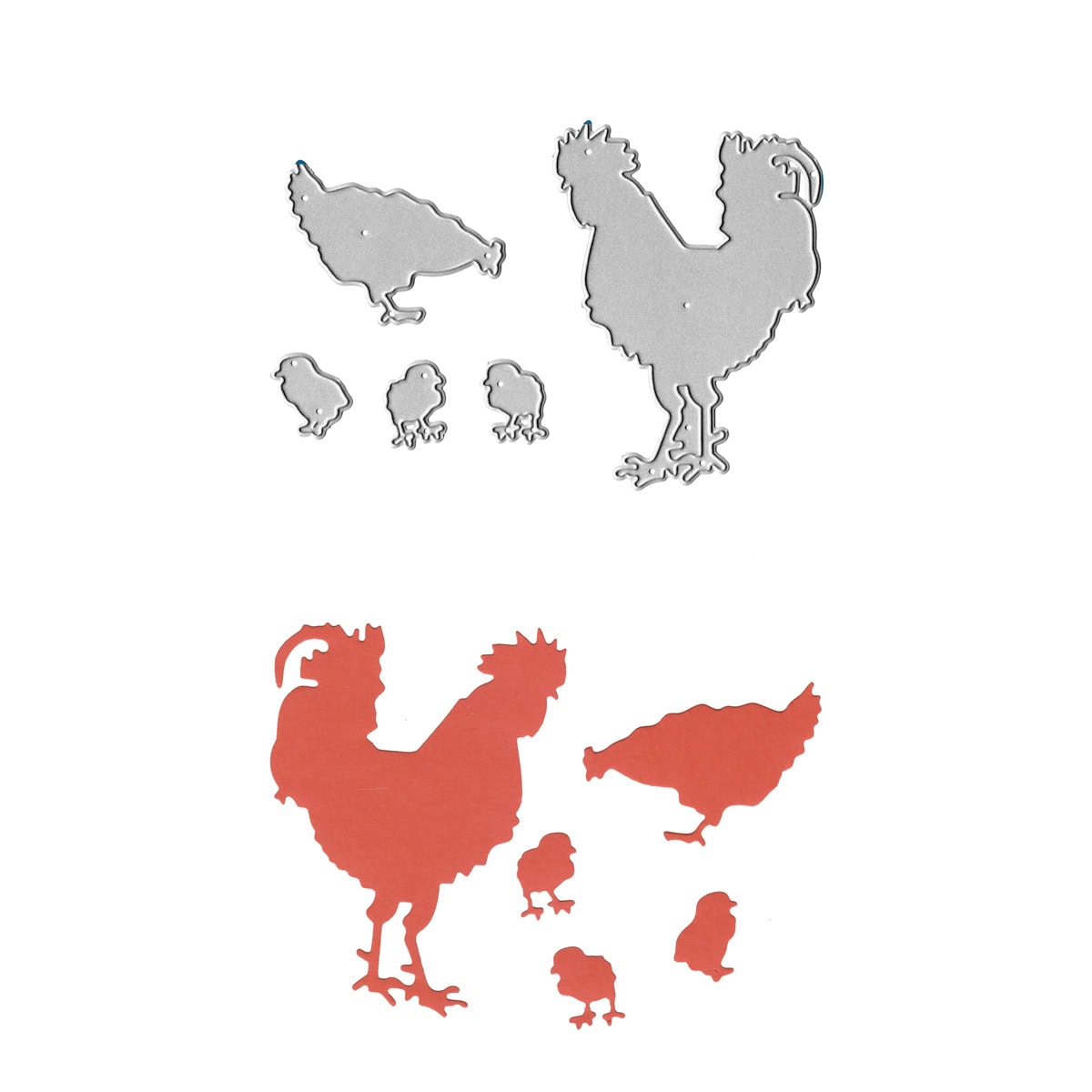 Die Stanzschablone Hühnerfamilie von Stanzenshop.de schneidet einen Hahn, eine Henne und drei Küken in einer Reihe aus - ideal für DIY-Ideen oder Bauernhof-Motive mit charmanten Papierausschnitten.