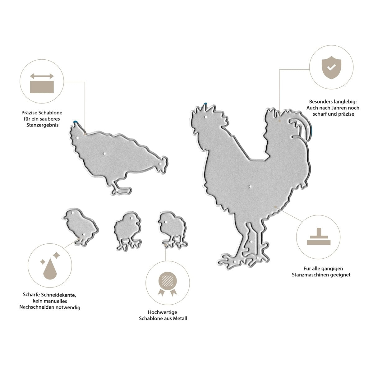 Die Stanzschablone Hühnerfamilie von Stanzenshop.de zeigt fünf Metallschablonen mit Hahn und Küken - ideal zum Selbermachen mit Bauernhof-Motiven. Die Icons zeichnen sich durch scharfe Kanten, lange Haltbarkeit, hohe Präzision und Schneidemaschinentauglichkeit aus.