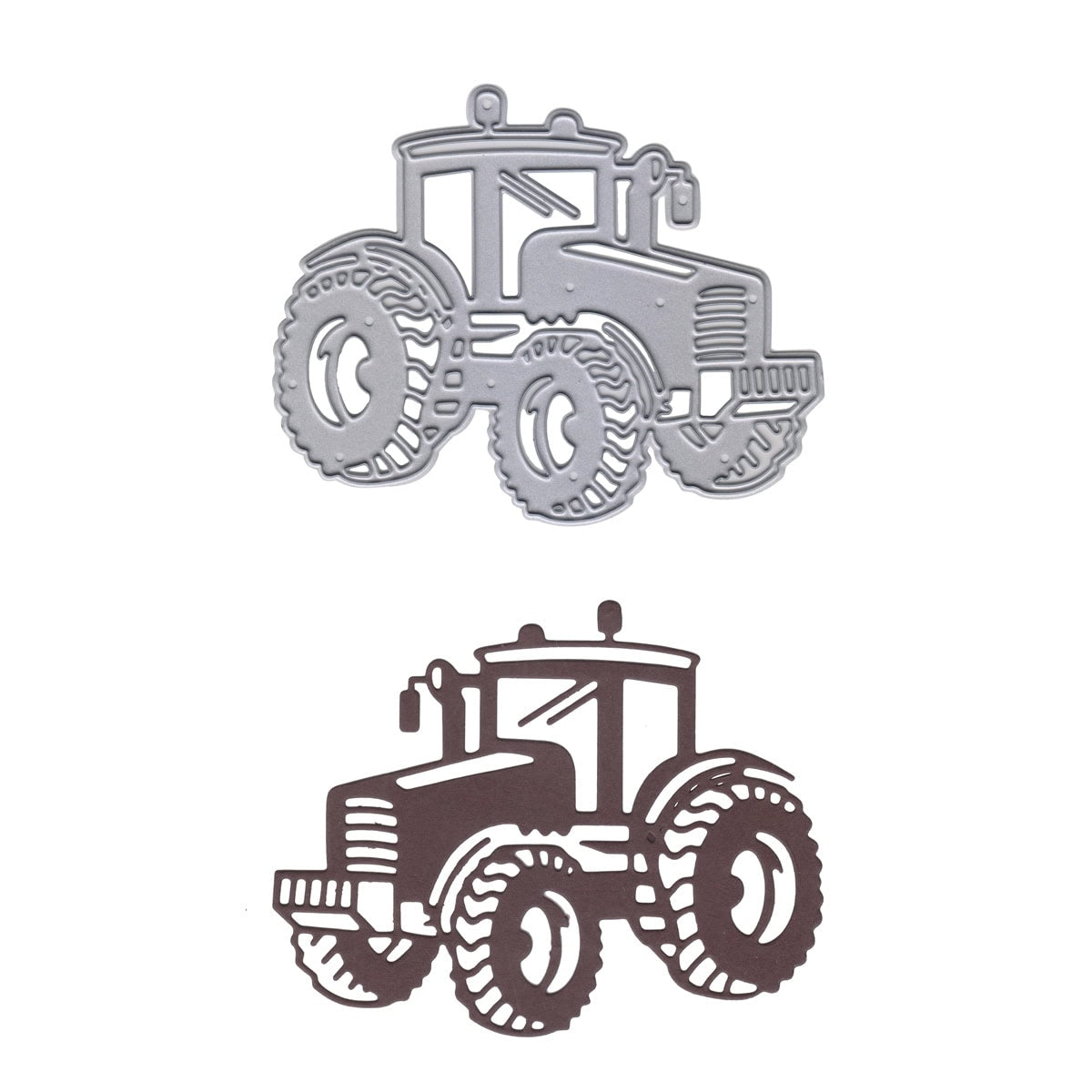 Zwei Metall Stanzschablonen Traktor mit großen Reifen die von Stanzenshop.de geschnitten wurden, eine silberne und eine schwarze, sind auf weißem Hintergrund abgebildet, wobei die silberne über der schwarzen liegt-ideal für Bastelideen im ländlichen Stil.