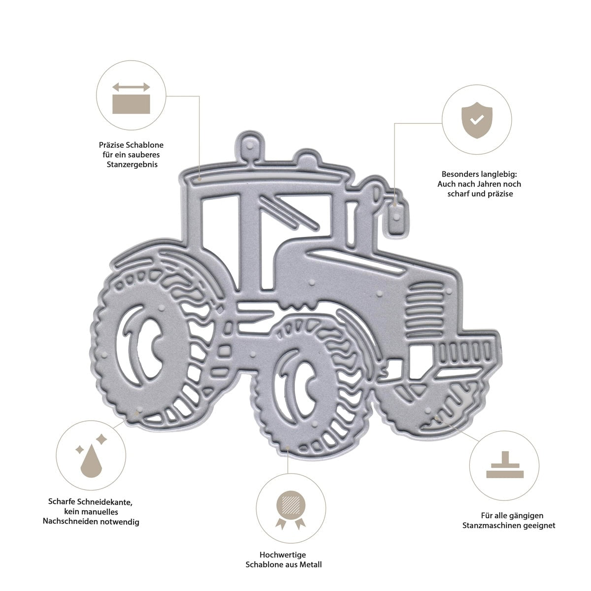 Die Stanzschablone Traktor mit großen Reifen von Stanzenshop.de ist aus Metall, bietet scharfe Kanten, ländliches Flair, hohe Haltbarkeit und passt zu vielen Schneidemaschinen-ideal für kreative Bastelideen.