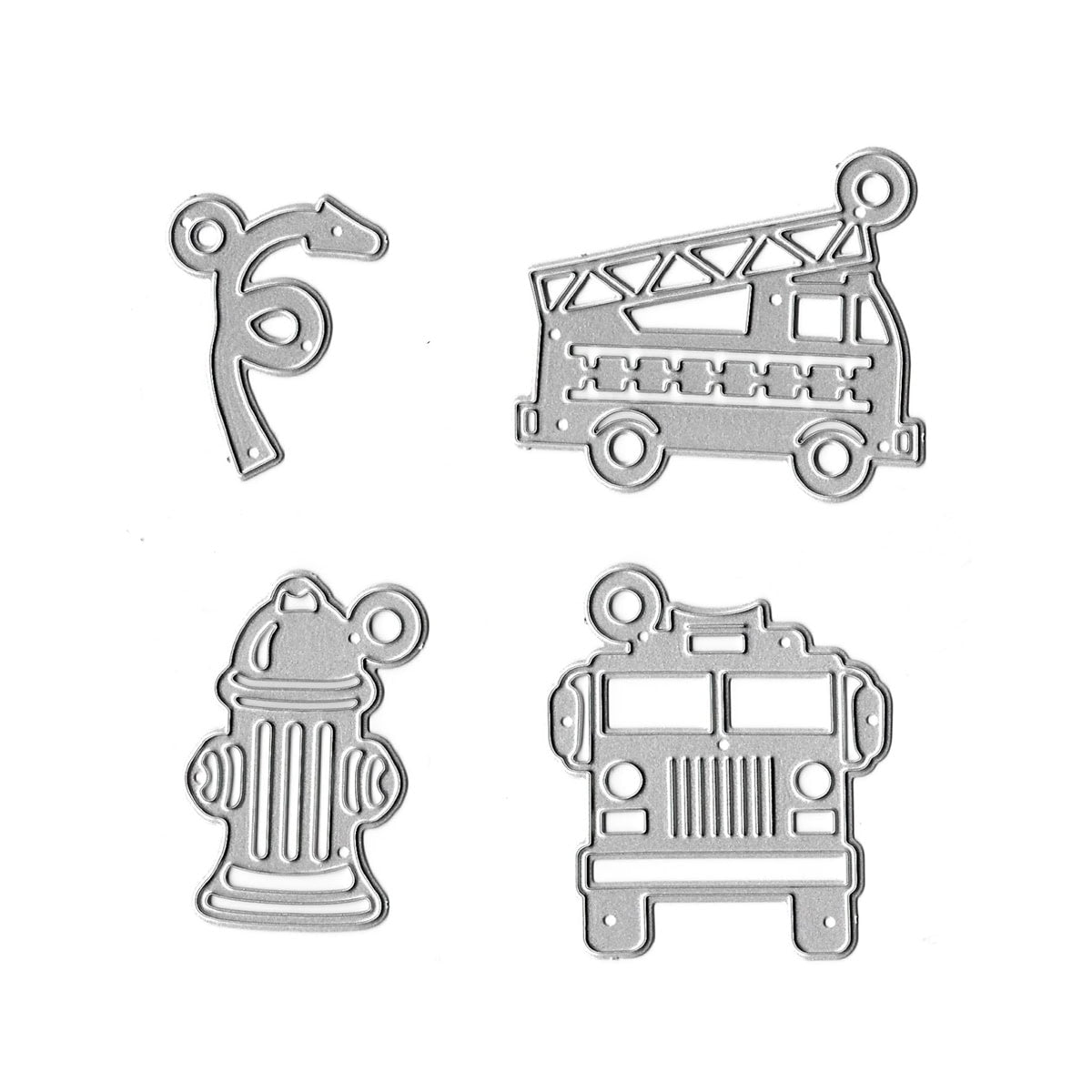 Das Stanzschablone Feuerwehreinsatz Set von Stanzenshop.de enthält vier Metallanhänger - Feuerwehrschlauch, Feuerwehrauto, Hydrant und LKW-Front - ideal für Bastelideen oder Kindergeburtstag Deko.