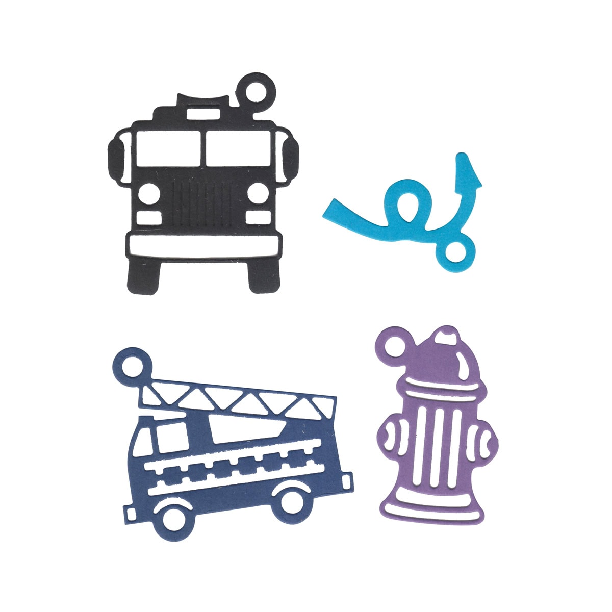 Vier ausgeschnittene Formen aus dem Stanzschablone Feuerwehreinsatz-Set von Stanzenshop.de - ein schwarzes Feuerwehrauto, ein blauer Pfeil, ein lila Hydrant und ein blaues Leiterfahrzeug - auf weißem Hintergrund. Perfekt für Kindergeburtstag Bastelideen oder Feuerwehr-Set Aktivitäten.