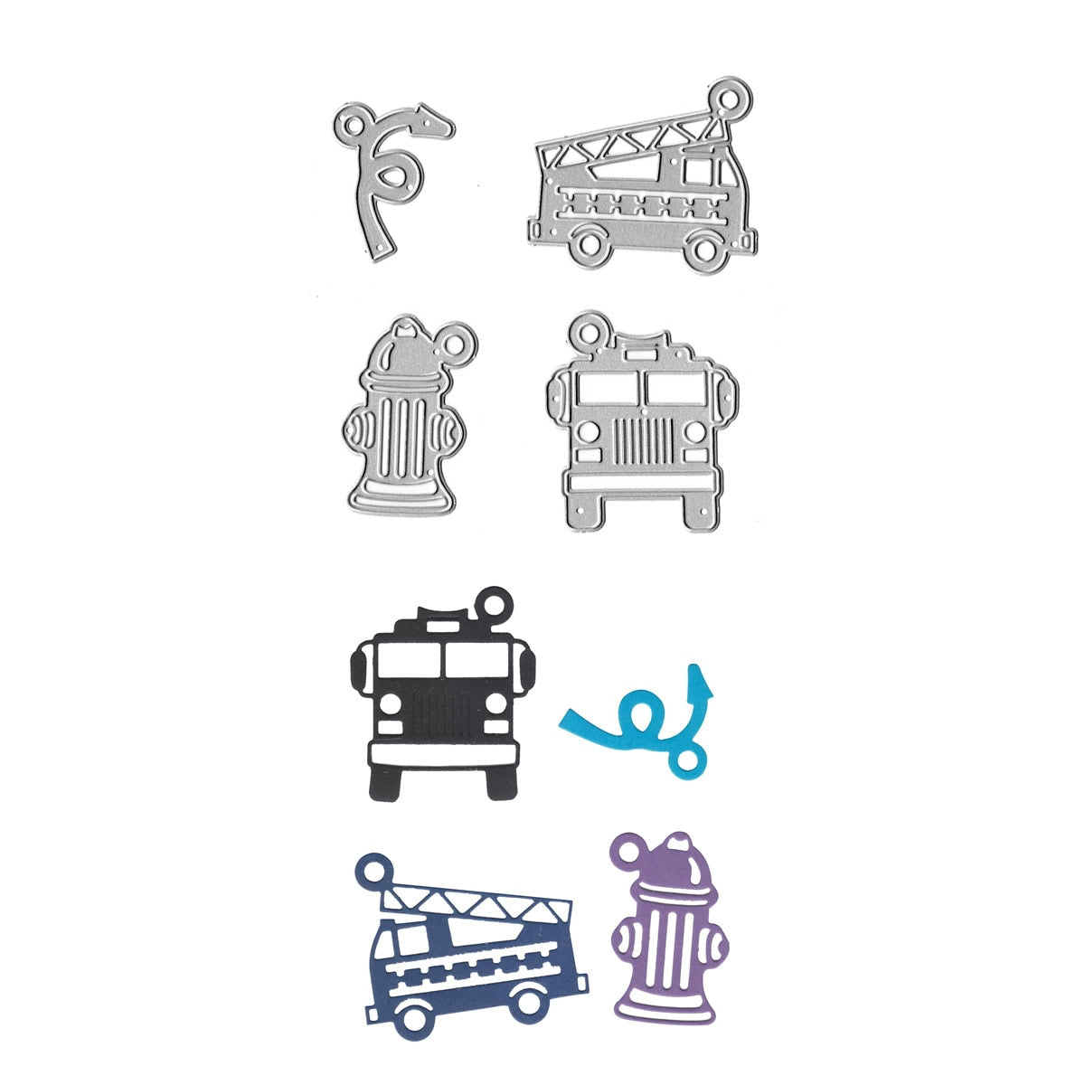 Das Stanzschablone Feuerwehreinsatz Set von Stanzenshop.de enthält ausgestanzte Formen wie ein Feuerwehrauto und einen Hydranten - ideal für Bastelideen und kreative Feuerwehr-Sets zu jedem Kindergeburtstag.