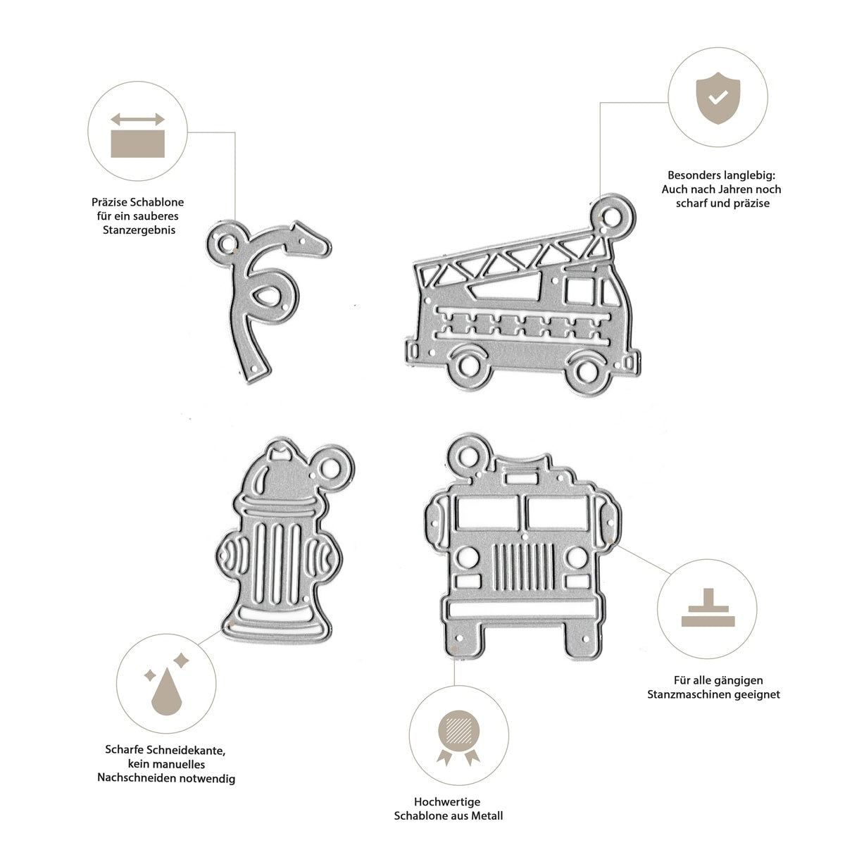 Das Stanzenshop.de Stanzschablone Feuerwehreinsatz Set enthält vier silberne Stanzformen - einen Sechser, ein Feuerwehrauto, einen Hydranten und einen LKW - ideal für Bastelideen zu einem Kindergeburtstag.