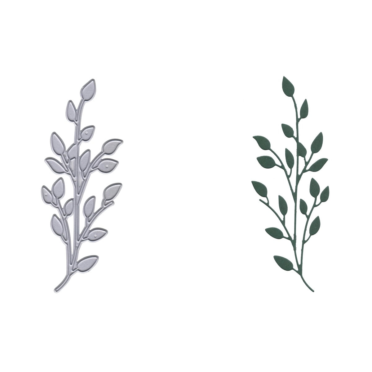 Zwei blättrige Zweigmotive nebeneinander: links in metallischem Grau, rechts in flachem Grün. Ideal für Scrapbooking oder Dekoration mit der "Stanzschablone Zweig mit kleinen Blättern" von Stanzenshop.de.