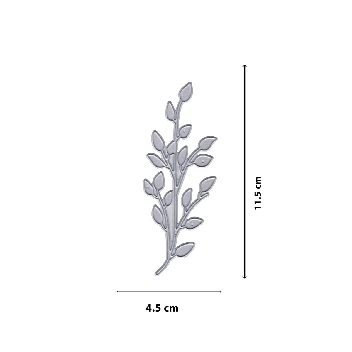 Die Stanzschablone Zweig mit kleinen Blättern von Stanzenshop.de, 11,5 x 4,5 cm groß, aus silbernem Metall und in Form eines Blätterzweigs geschnitten, eignet sich ideal für Scrapbooks und Dekorationen. Maße sind auf weißem Hintergrund zu sehen.