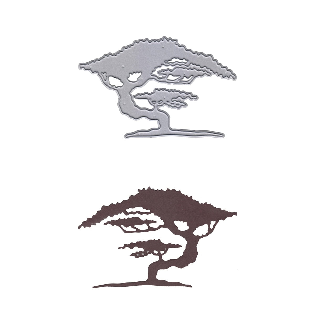 Zwei stilisierte Baumausschnitte aus Metall - ein silberner, ein dunkelbrauner - sind senkrecht auf Weiß angeordnet. Ideal als Stanzschablone Baum Bonsai Afrika von Stanzenshop.de für mediterrane Karten oder als einzigartiges Bastelzubehör.