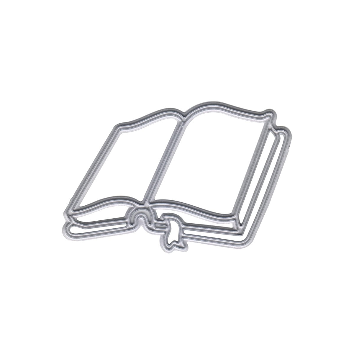 Die Stanzschablone Offenes Buch mit Schleife von Stanzenshop.de, ein offenes Buch in Form eines Metallstempels mit Schleifenmotiv, wird inspiriert vom Buch-Stanze-Design gezeigt und auf weißem Hintergrund fotografiert.