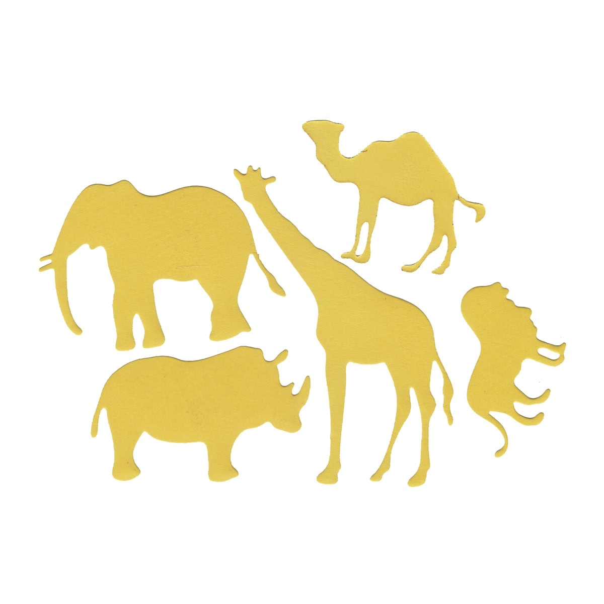 Gelbe Silhouetten von Elefant, Nashorn, Giraffe, Kamel und Löwe erscheinen auf weißem Hintergrund - ideal als tierische Stanzformen für Ihr Safari-Bastelset oder Kindergeburtstag-Deko. Produkt: Stanzschablone Safari-Tiere von Stanzenshop.de.