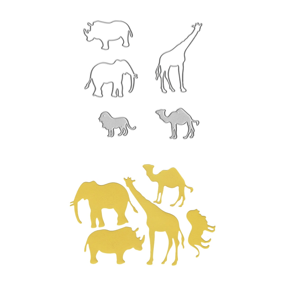 Die Stanzschablone Safari-Tiere von Stanzenshop.de zeigt umrissene und durchgehende Silhouetten von Nashorn, Elefant, Giraffe, Löwe und Kamel - ideal für Kindergeburtstag Deko oder Bastelset. Die Umrisse sind oben, die passenden gelben Formen sind unten.